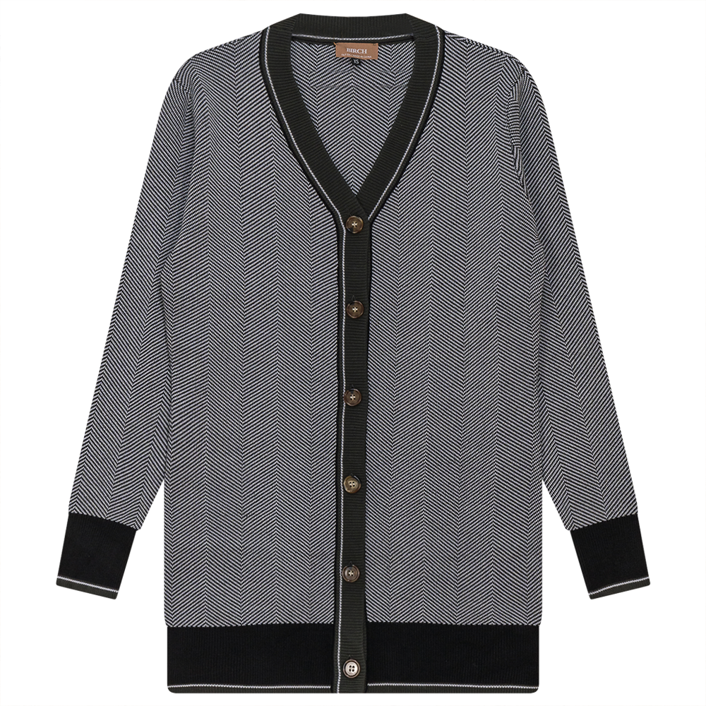 Sweater Knit Herringbone Design Cardigan in Black White Dark Olive by Birch