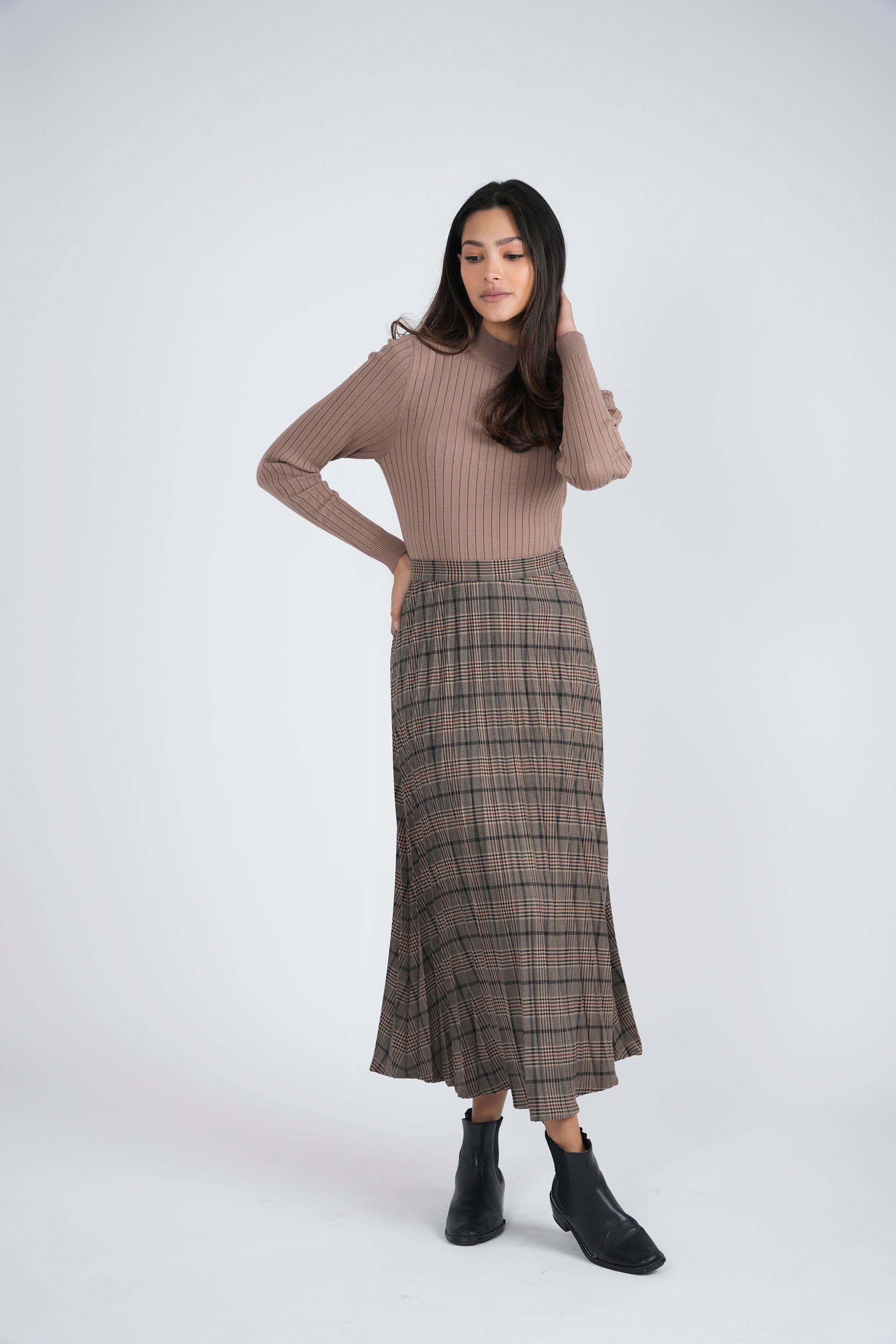 Plaid Accordion Pleated Midi Skirt in by Vivid