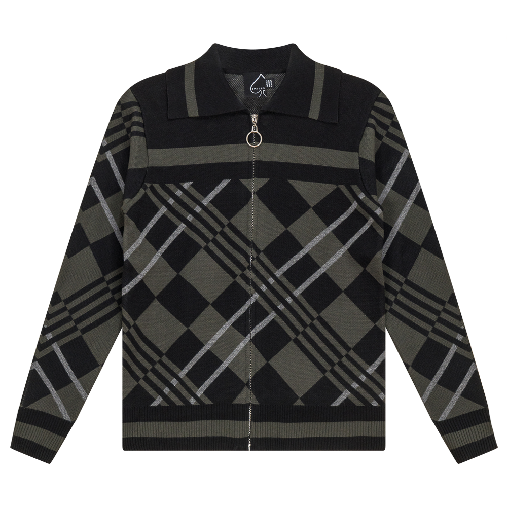 Zipper Geometric Jacquard Knit Jacket in Black Dark Olive by Spades