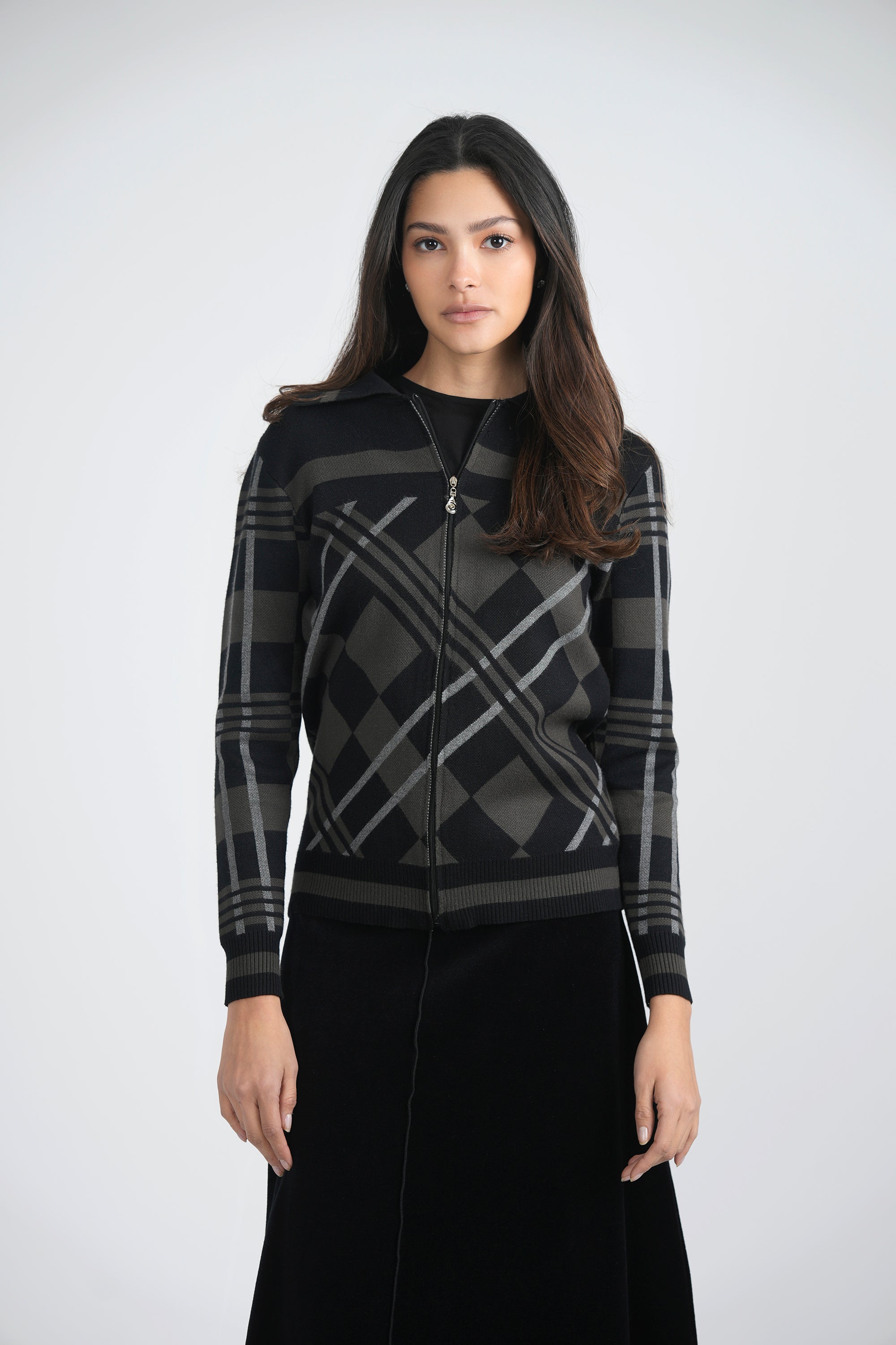 Zipper Geometric Jacquard Knit Jacket in by Spades