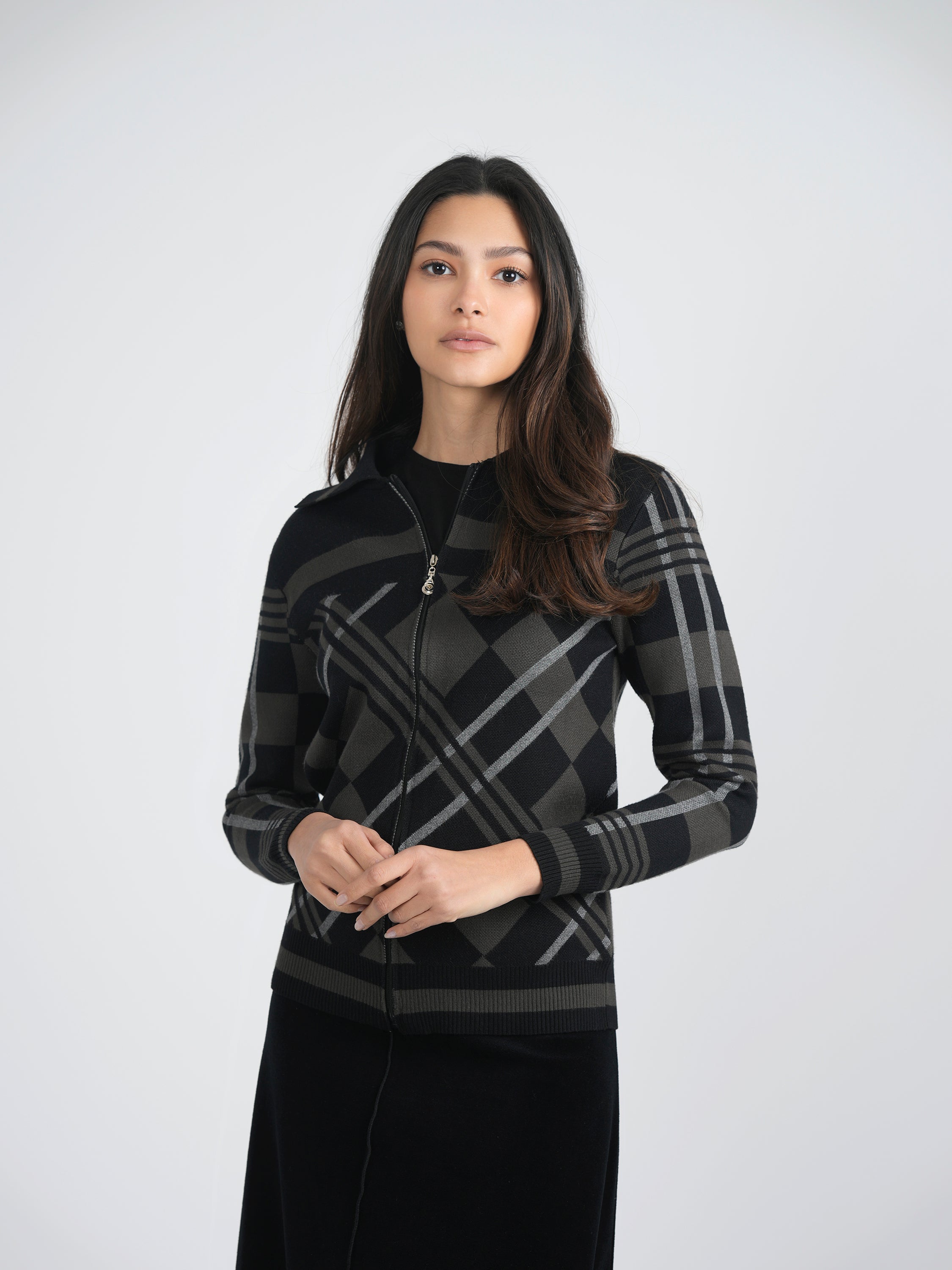 Zipper Geometric Jacquard Knit Jacket in by Spades