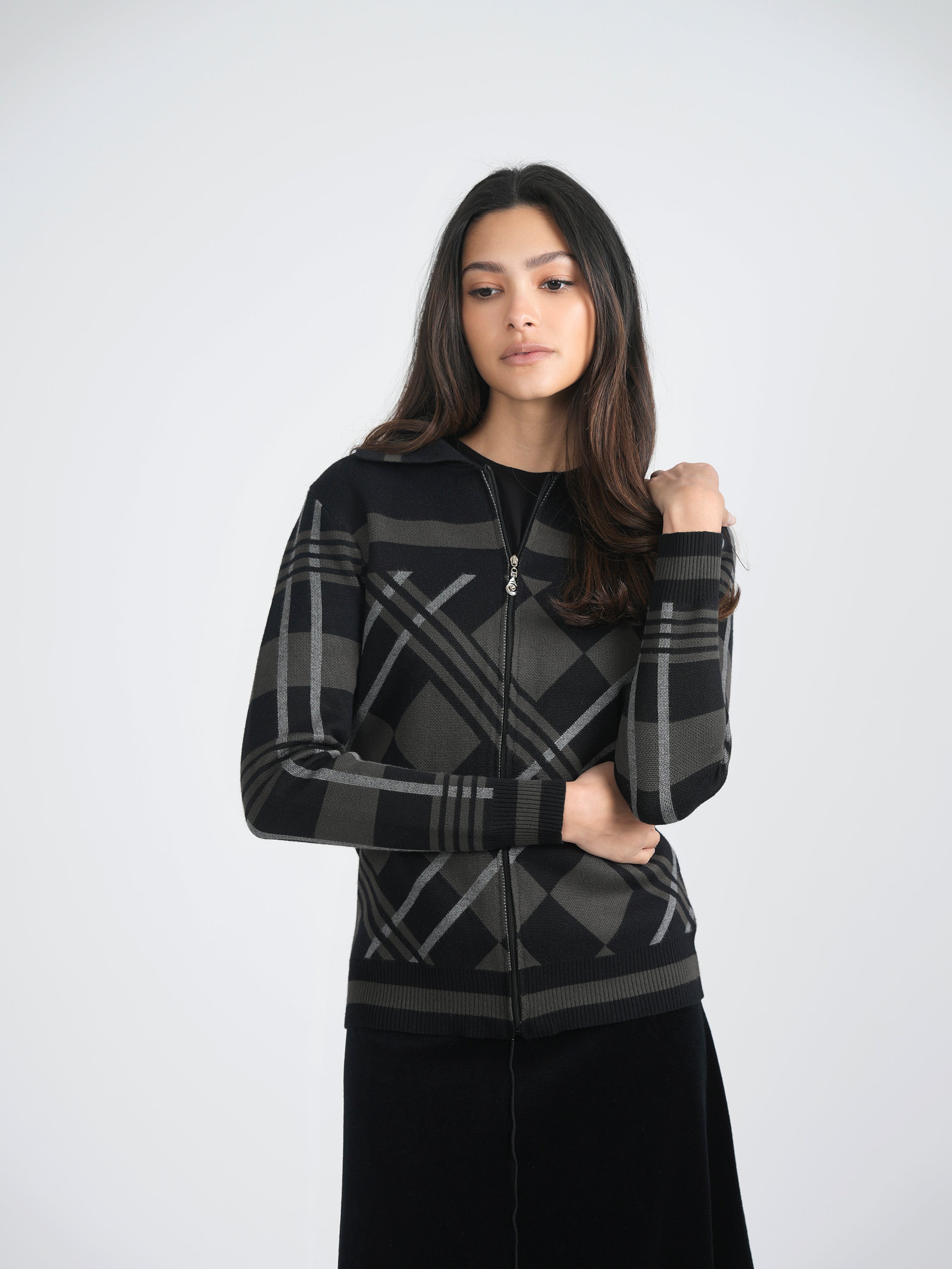 Zipper Geometric Jacquard Knit Jacket in by Spades