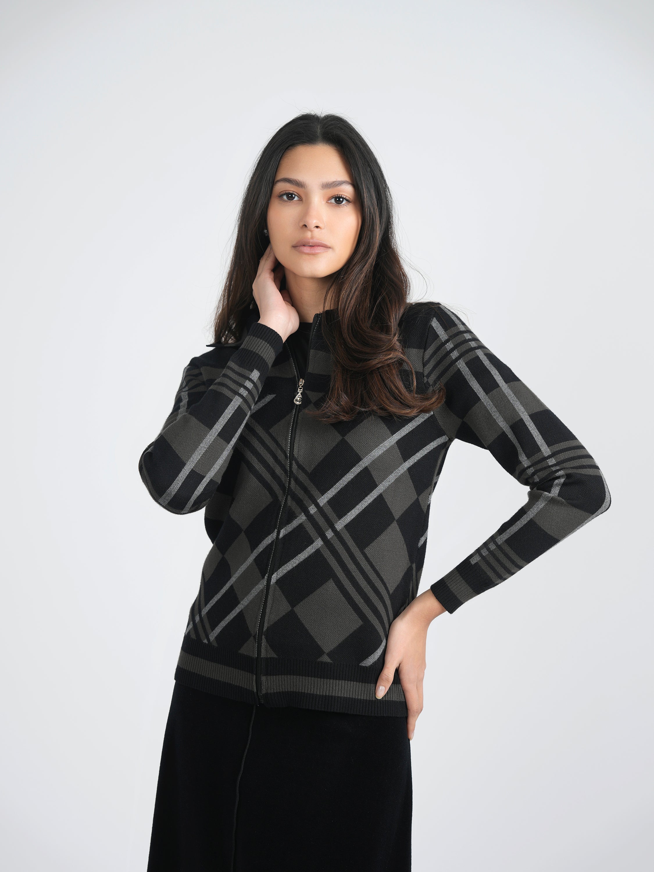 Zipper Geometric Jacquard Knit Jacket in by Spades