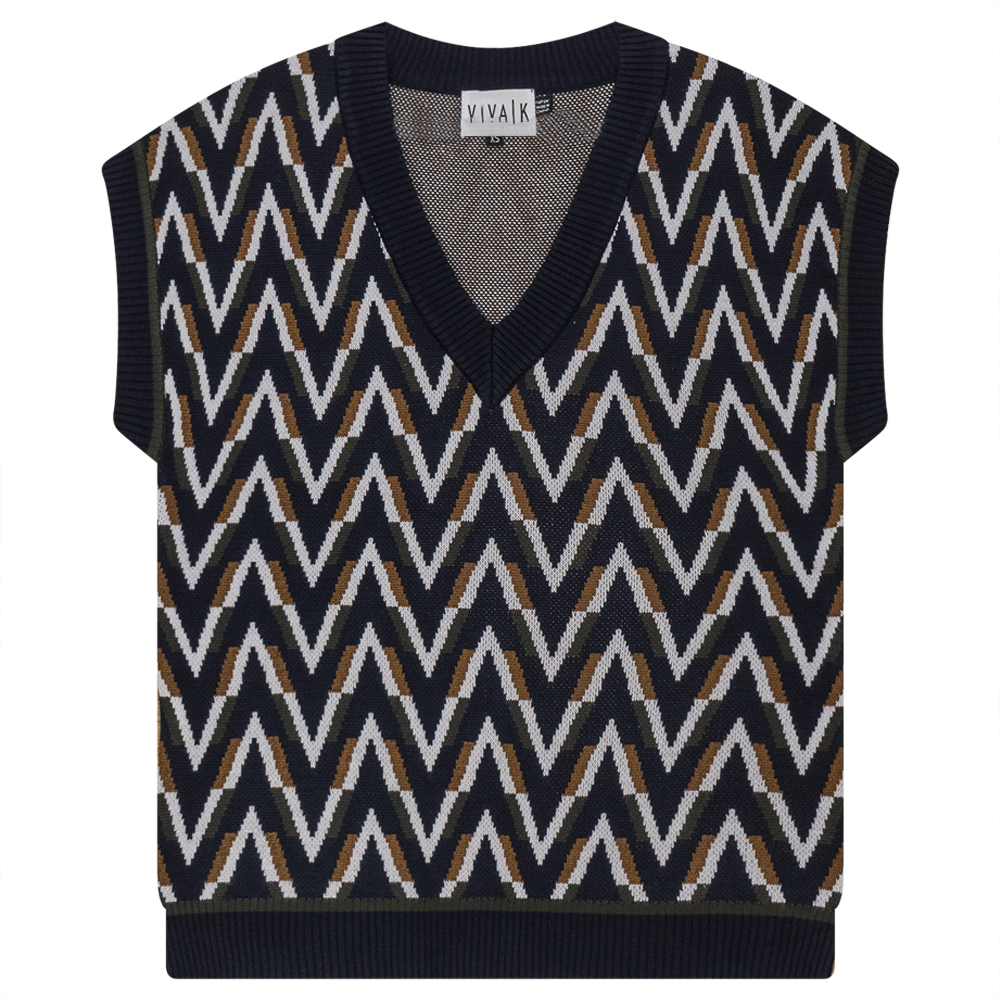 Herringbone Contrast Jaquard Knit Vest in Navy Multi Color by Viva K