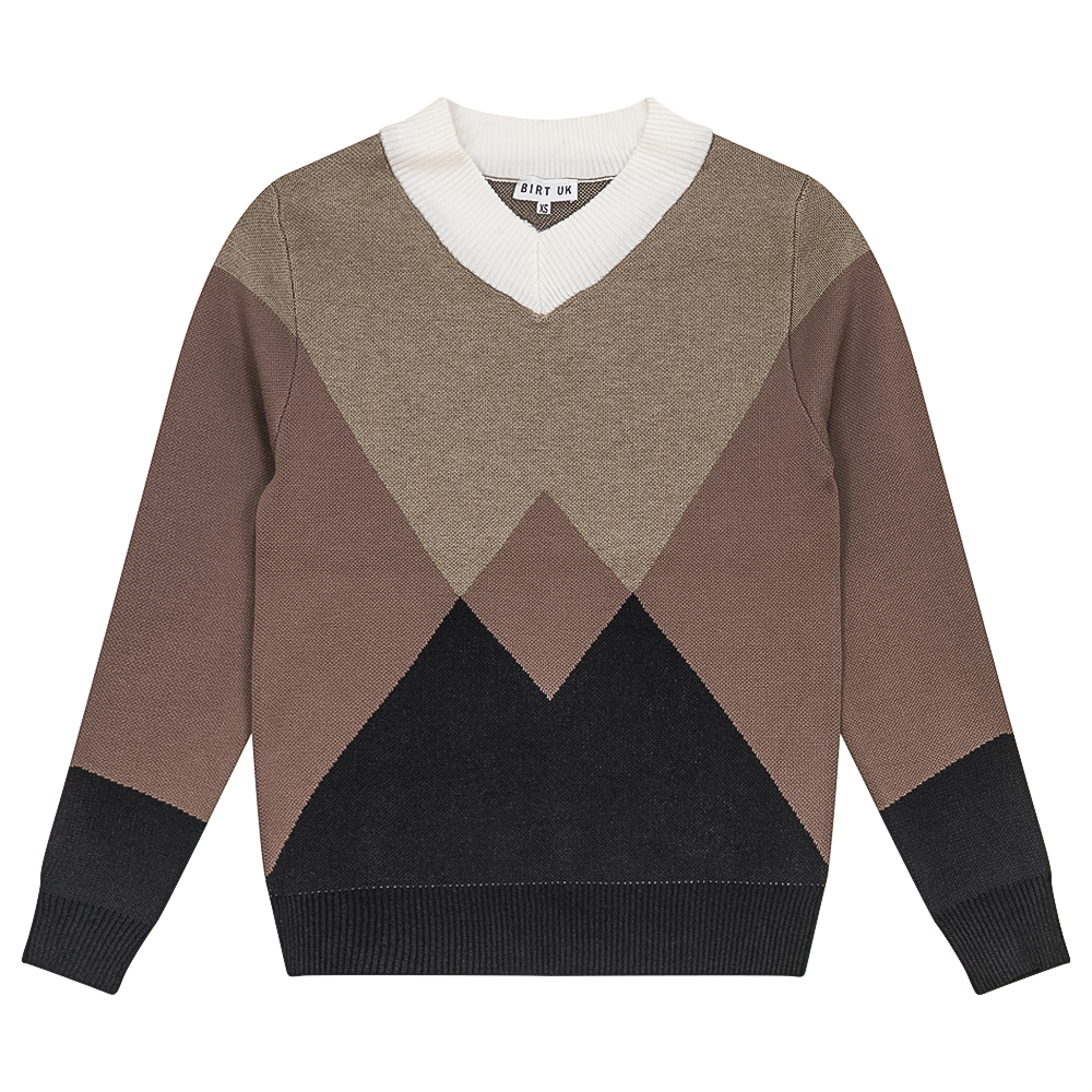 V Neck Intarsia Knit Sweater in Black Mocha Stone by Birt UK