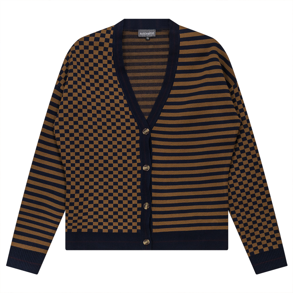 Stripped Knit Combo Cardigan in Taupe Dark Navy by Mademoiselle