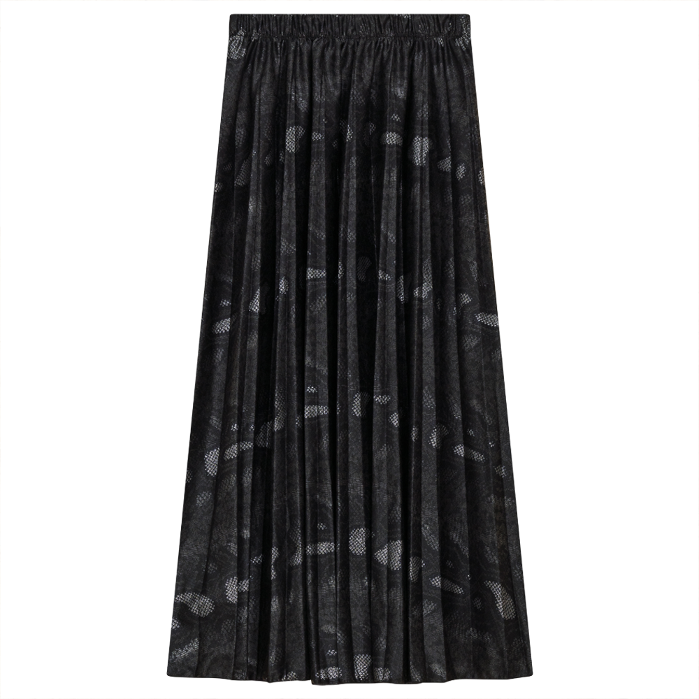 Accordion Pleated Printed Leather Midi Skirt in Black by Midi
