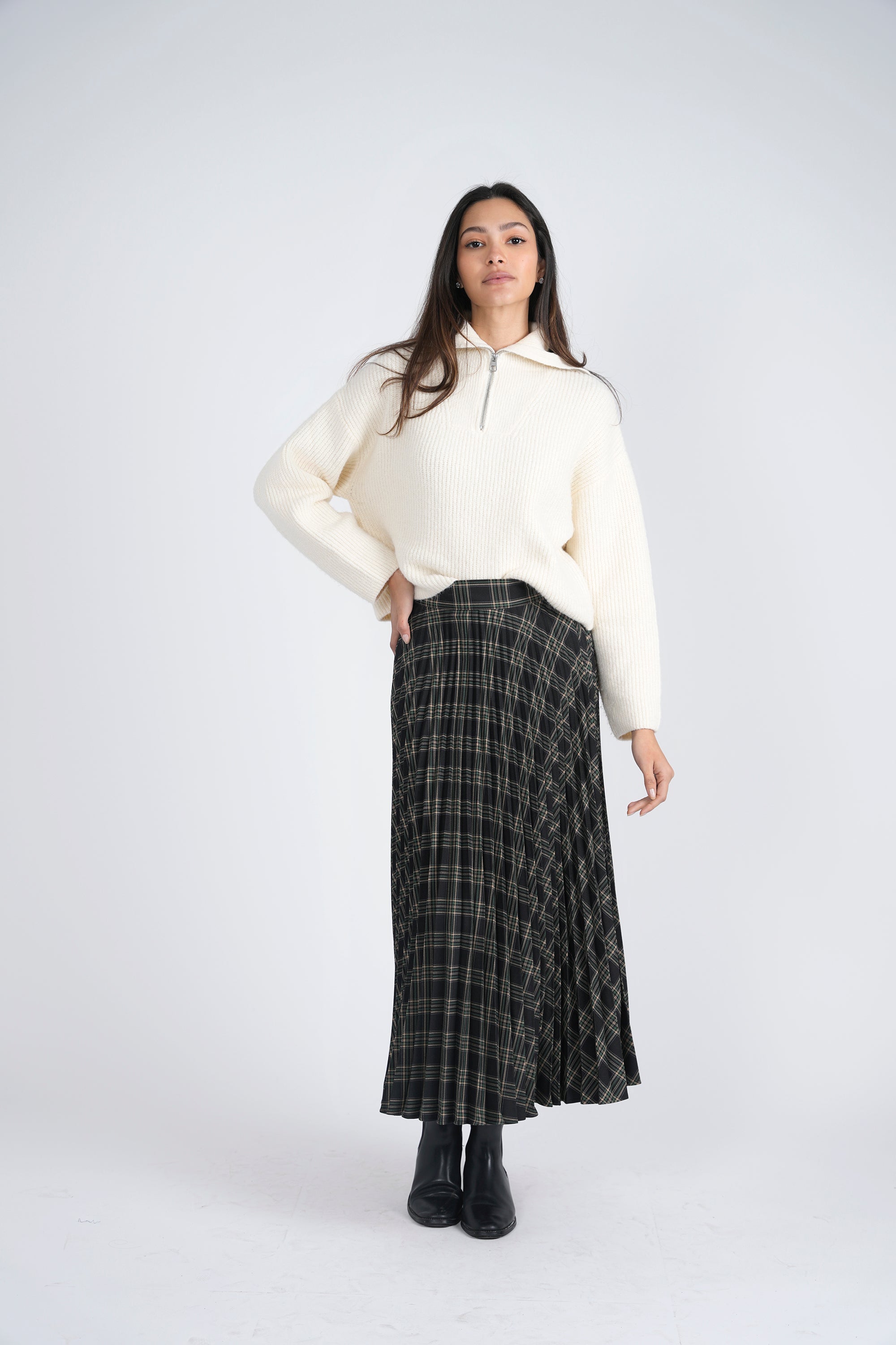 Accordian Pleated Midi Plaid Skirt in by Viva K