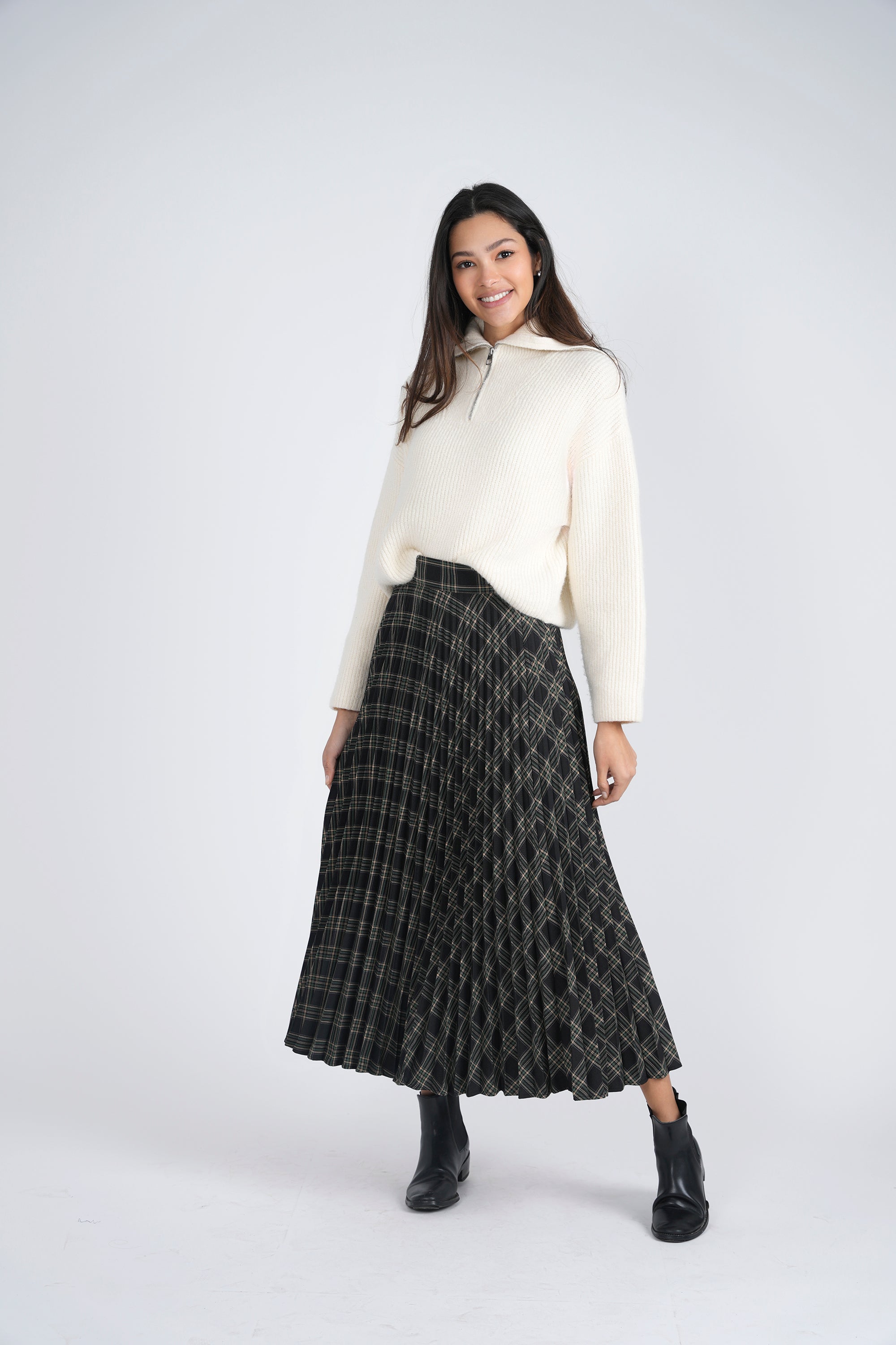 Accordian Pleated Midi Plaid Skirt in by Viva K