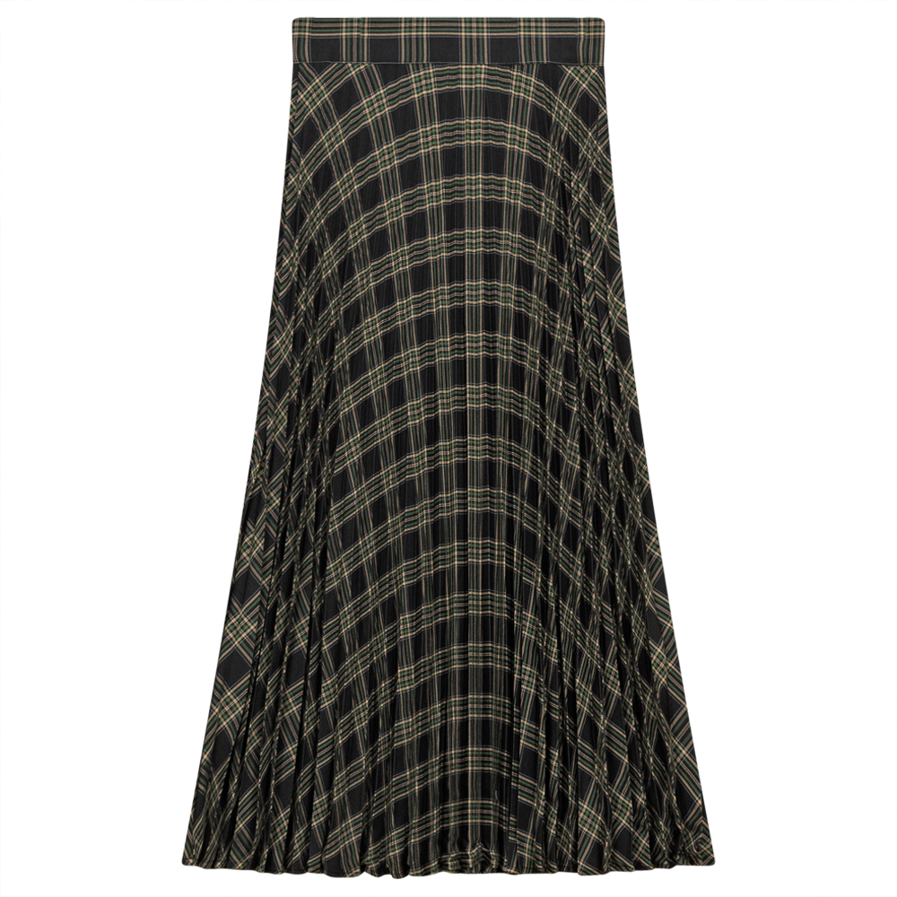 Accordian Pleated Midi Plaid Skirt in Black Green by Viva K