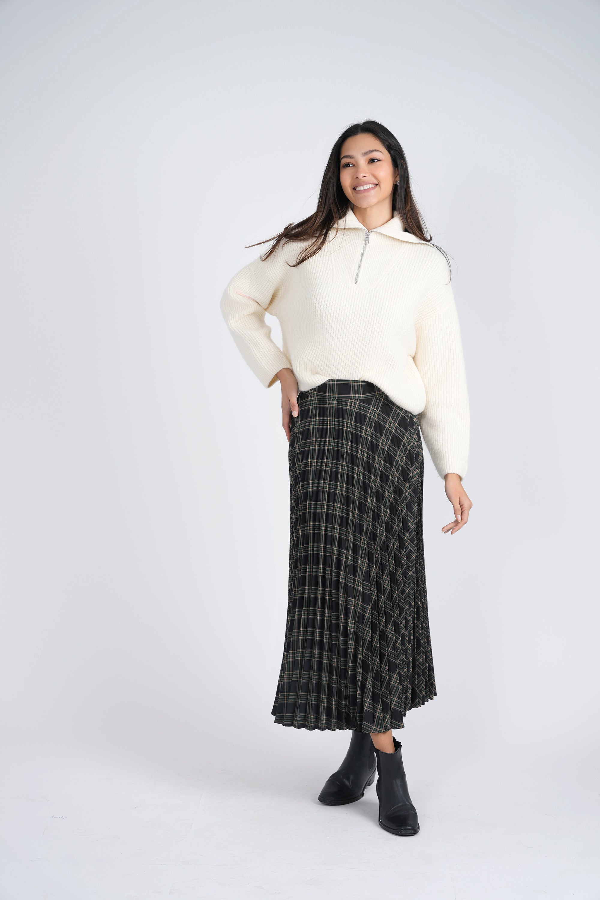 Accordian Pleated Midi Plaid Skirt in by Viva K