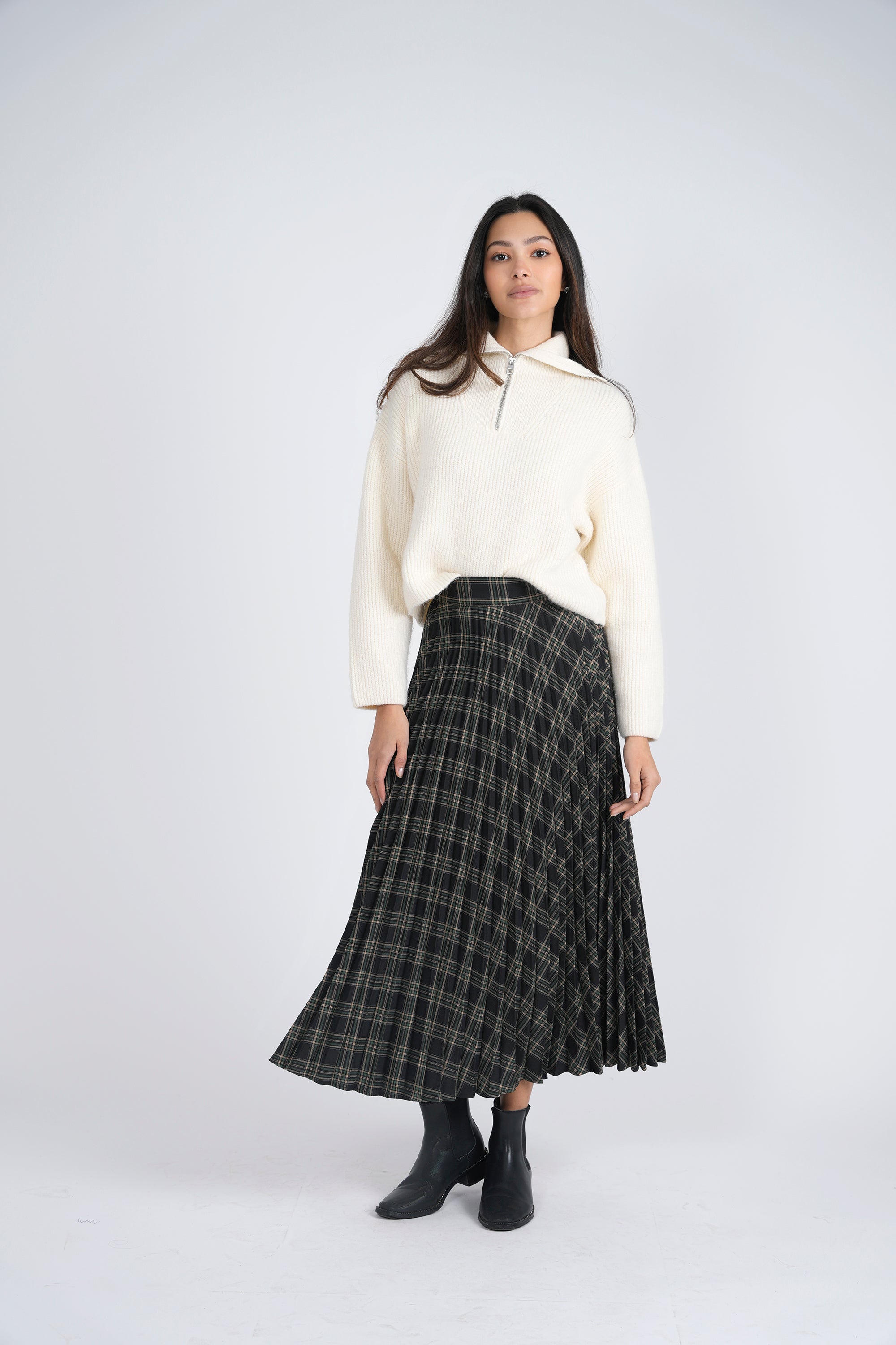 Accordian Pleated Midi Plaid Skirt in by Viva K