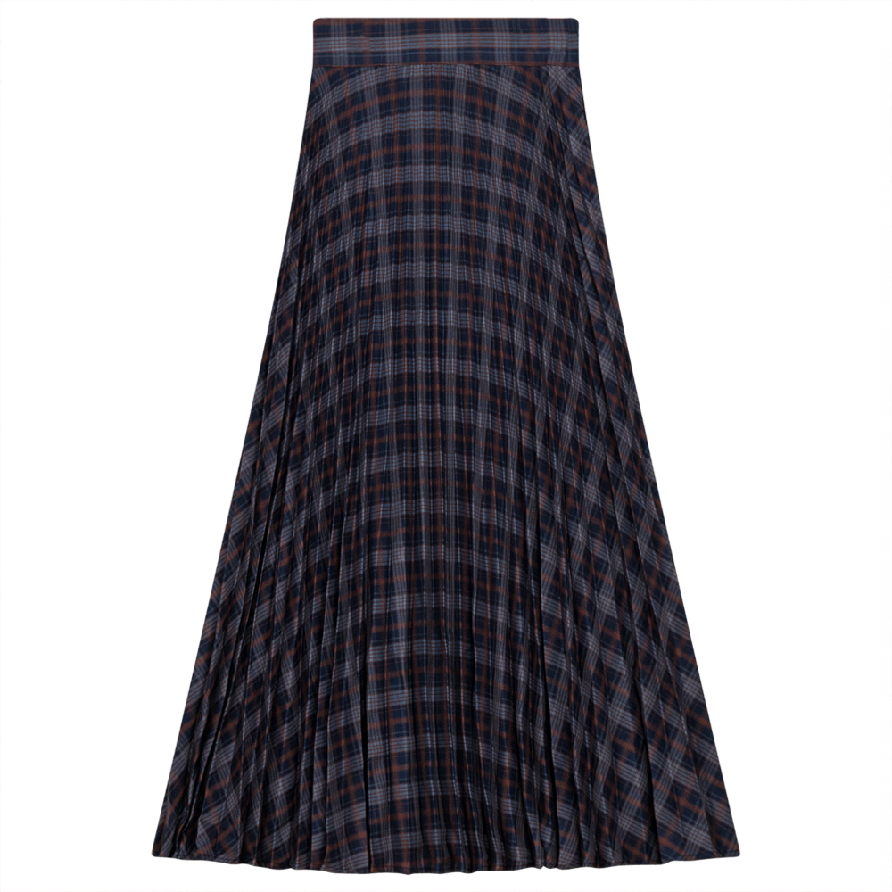 Accordian Pleated Midi Plaid in Denim Coffee by Viva K