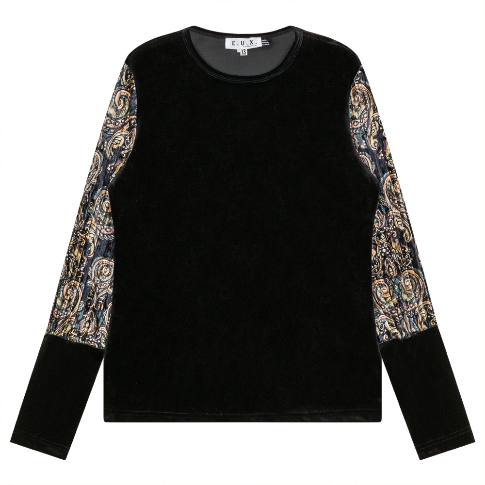 Slinky Velour Combo printed Accordian Sleeve Top in Black by E.U.X. Exclusive