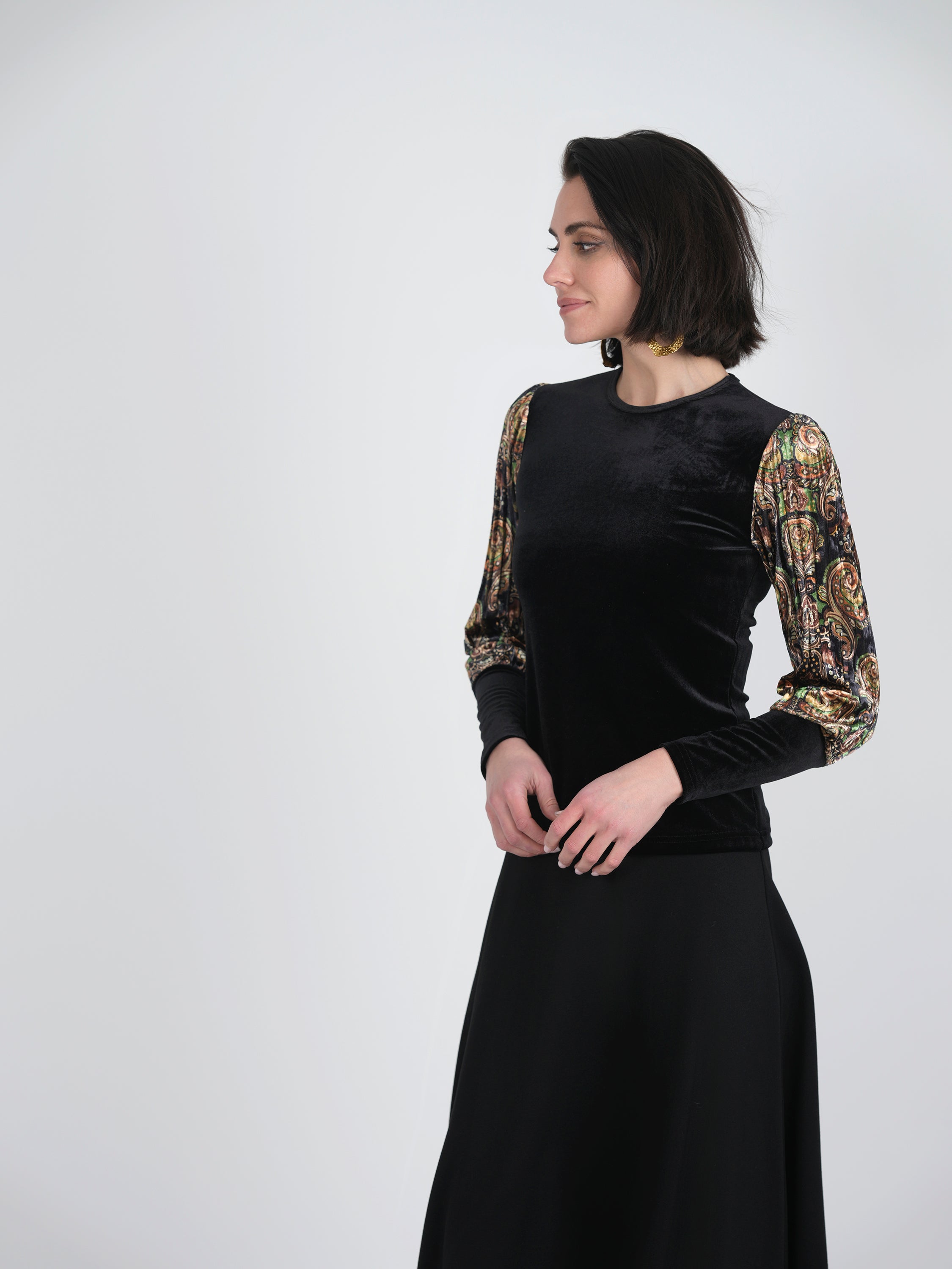 Slinky Velour Combo printed Accordian Sleeve Top in by E.U.X. Exclusive