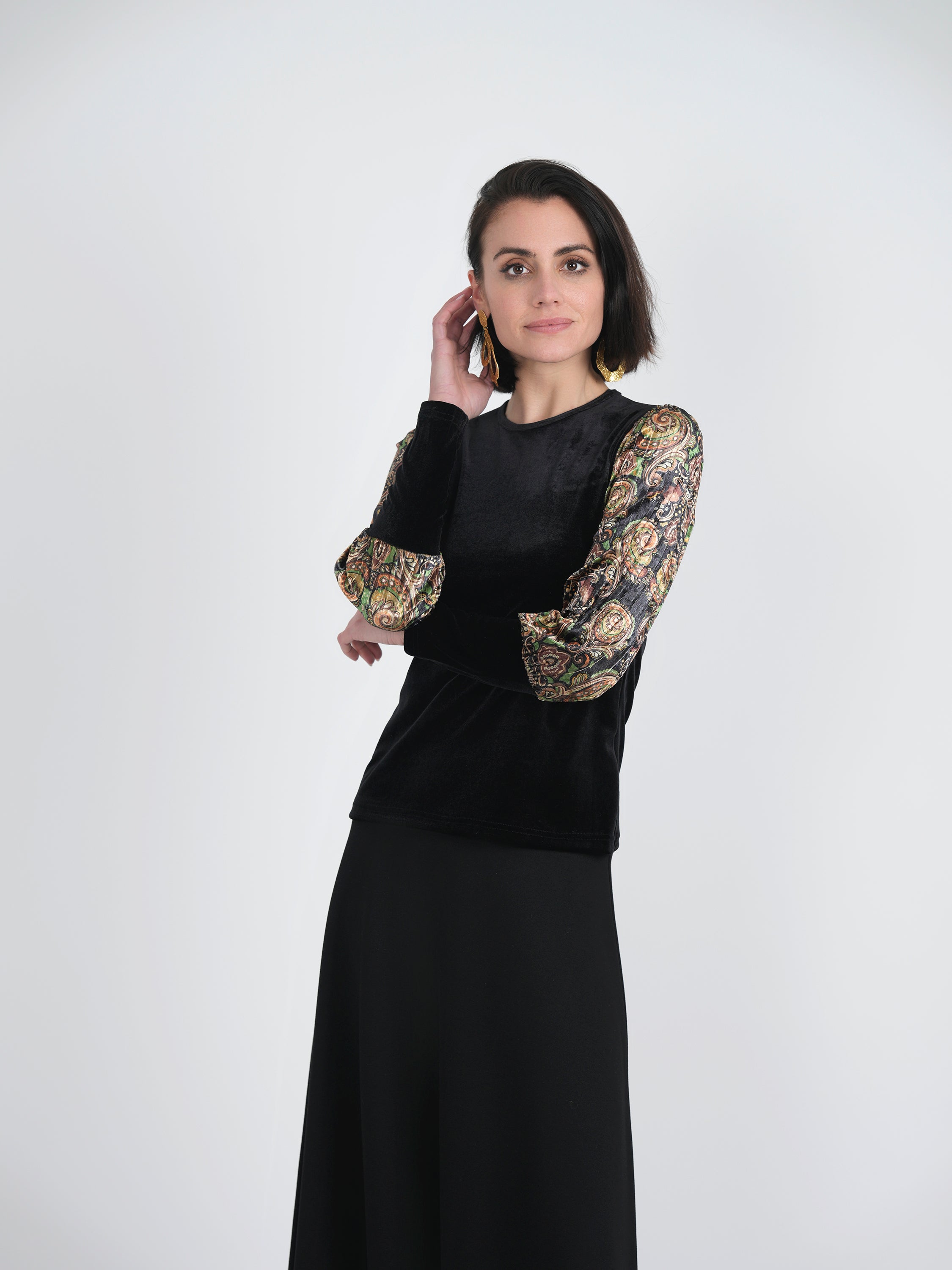 Slinky Velour Combo printed Accordian Sleeve Top in by E.U.X. Exclusive