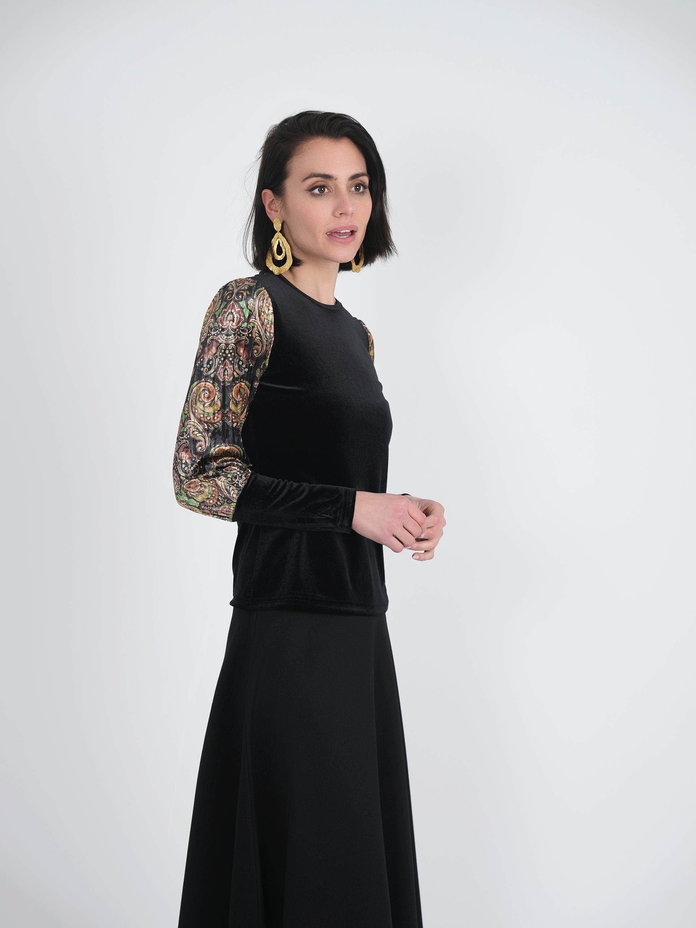 Slinky Velour Combo printed Accordian Sleeve Top in by E.U.X. Exclusive