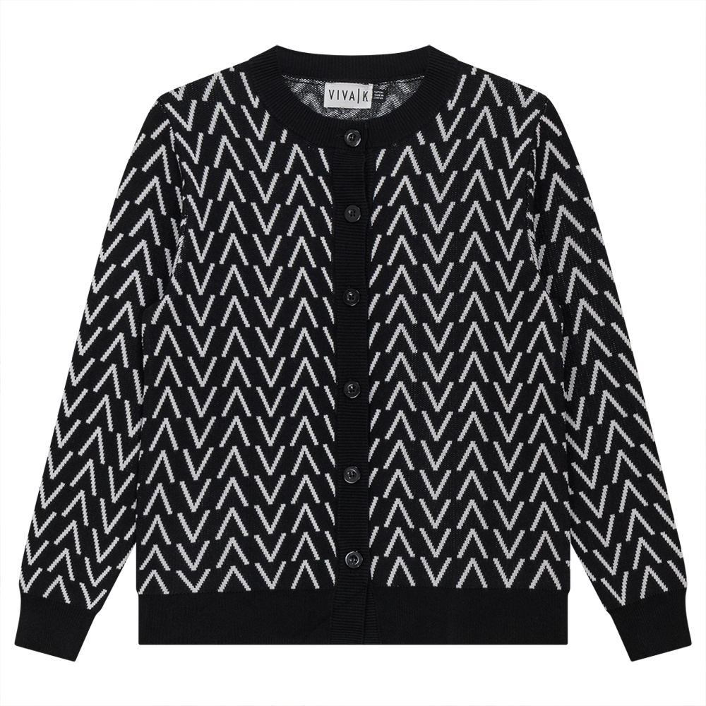 Crew Neck Printed Knit Cardigan in Black Off White by Viva K