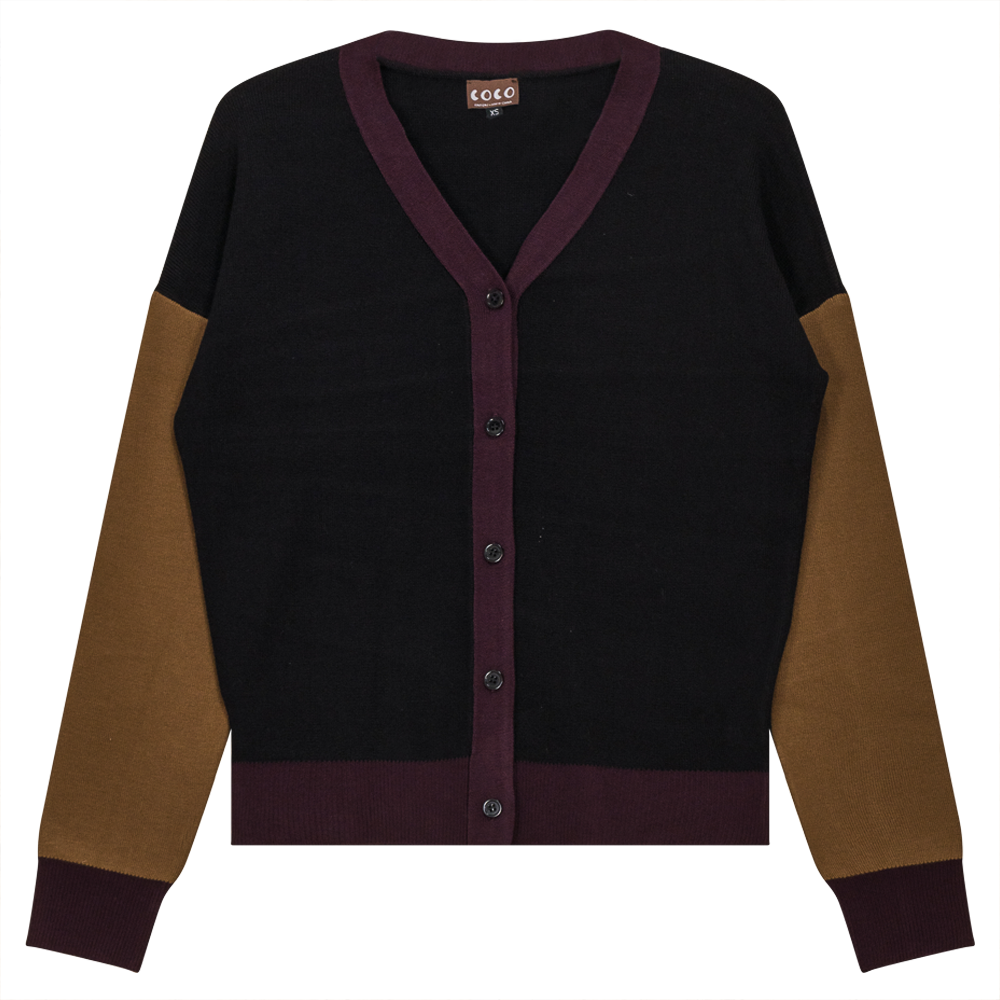 Color Blocked Knit Cardigan in Black Taupe Eggplant by Coco