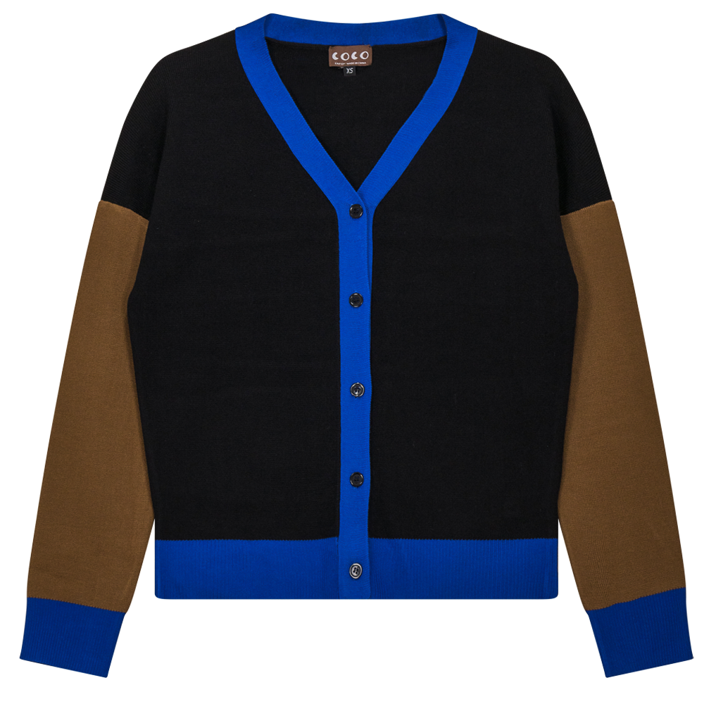 Color Blocked Knit Cardigan in Black Taupe Royal Blue by Coco