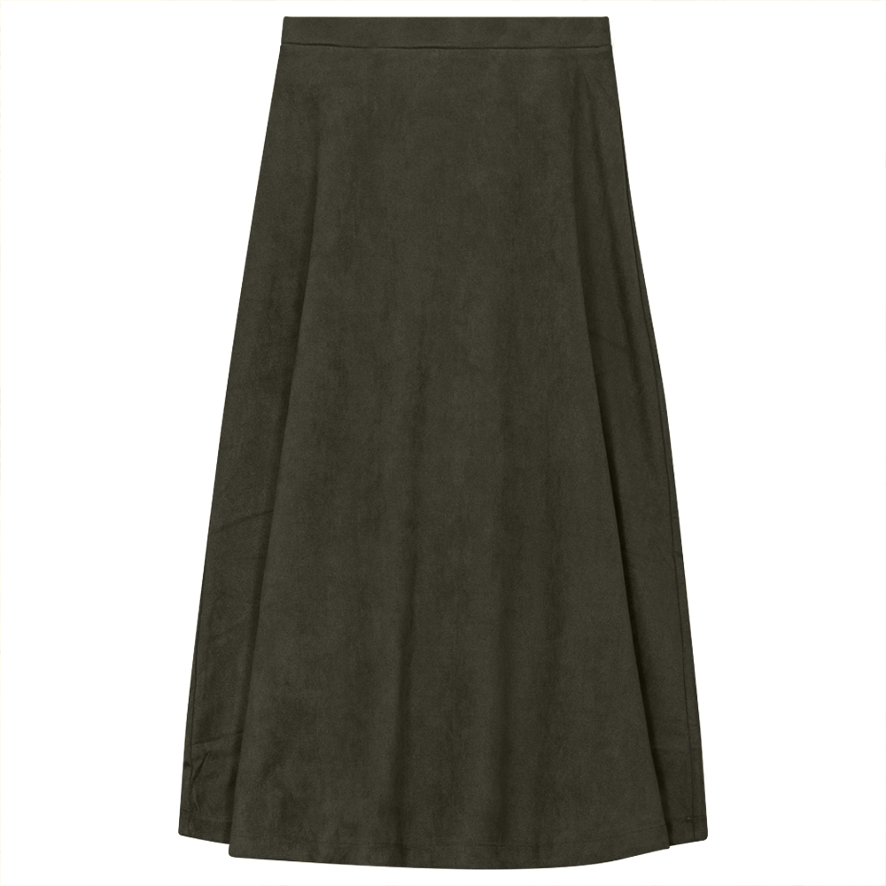 Suede A-Line Midi Skirt in Dark Olive by Oops