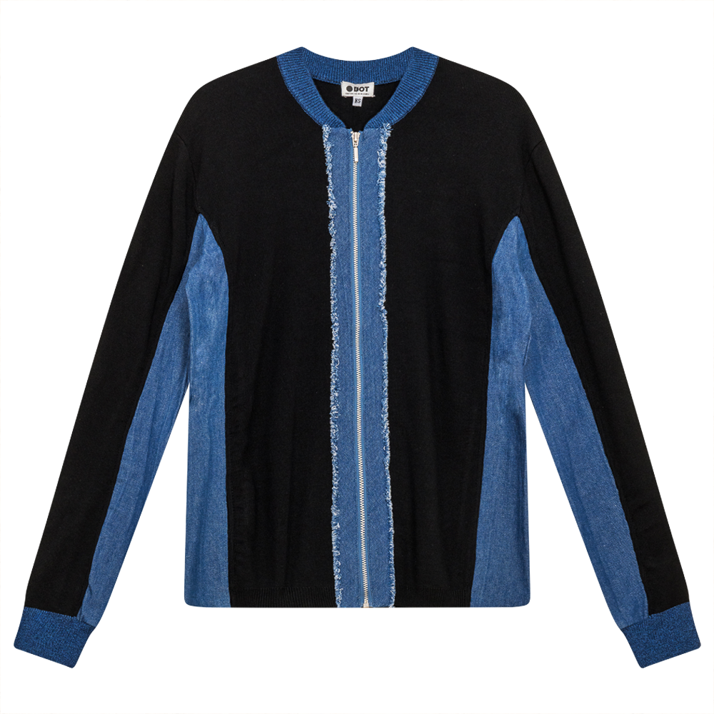 Ribbed Knit With Denim Trim Zip Up in Black Denim Wash by Dot