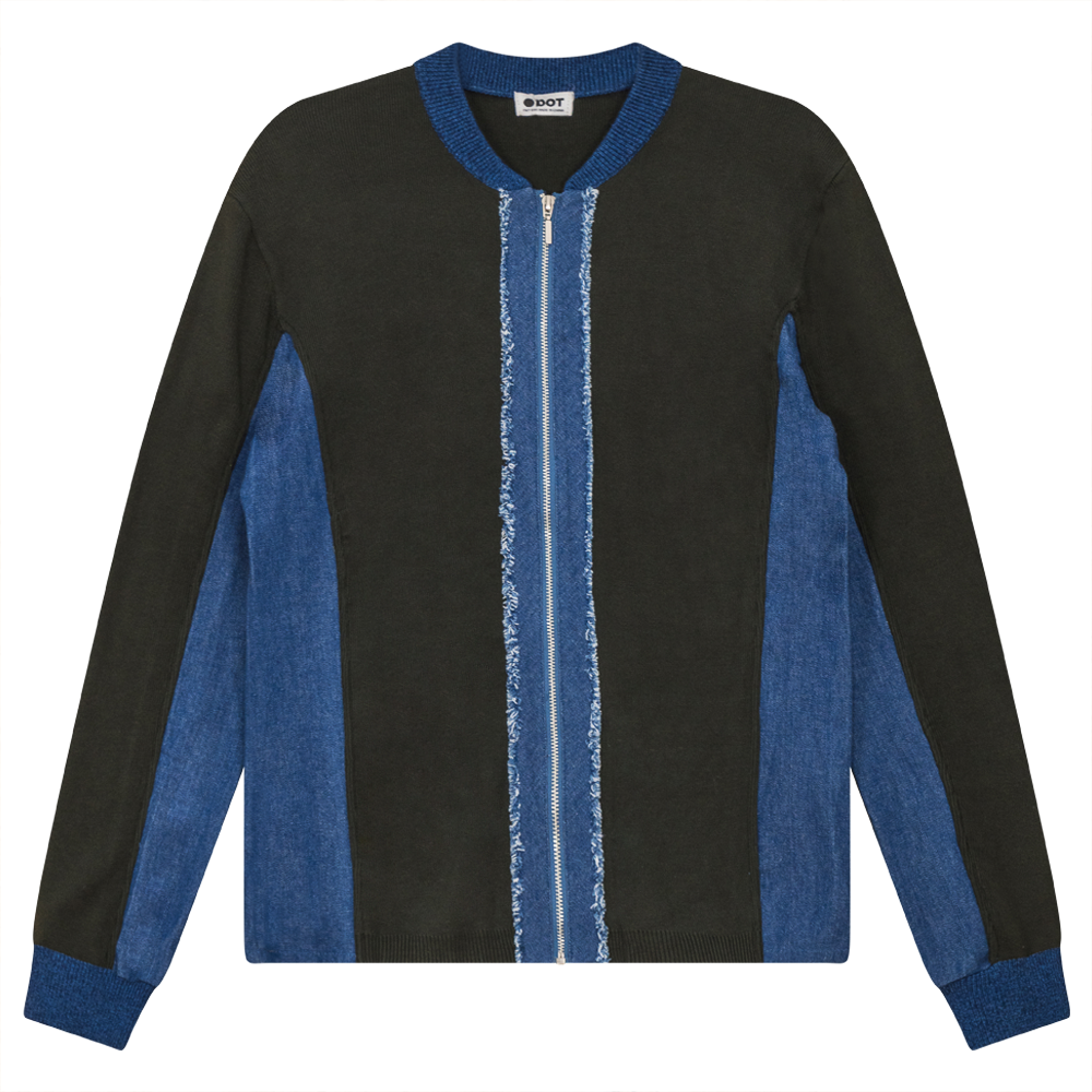 Ribbed Knit With Denim Trim Zip Up in Dark Olive Denim Wash by Dot