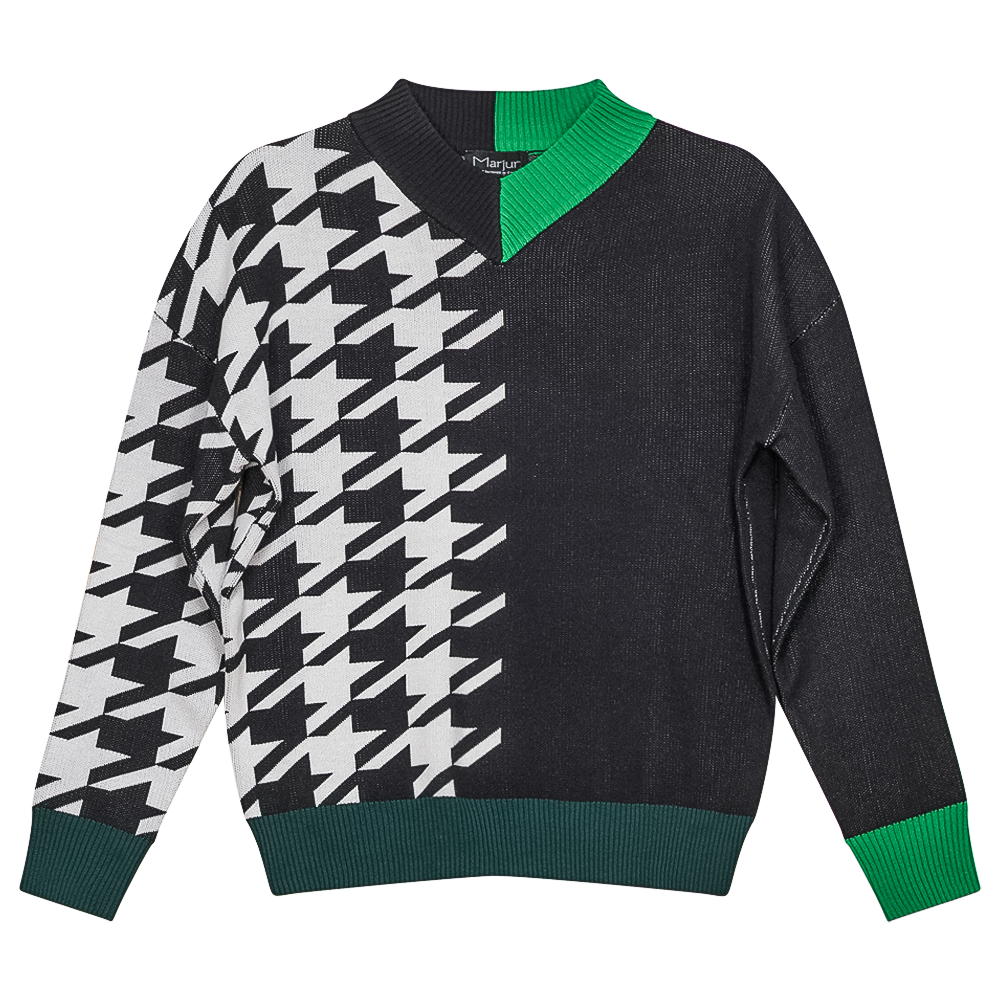 Houndstooth Color Blocked Sweater in Black Off White Apple Green by Marjun