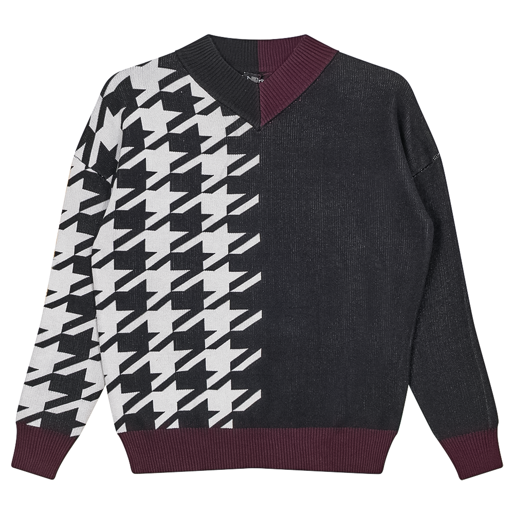 Houndstooth Color Blocked Sweater in Black Off White Wine by Marjun
