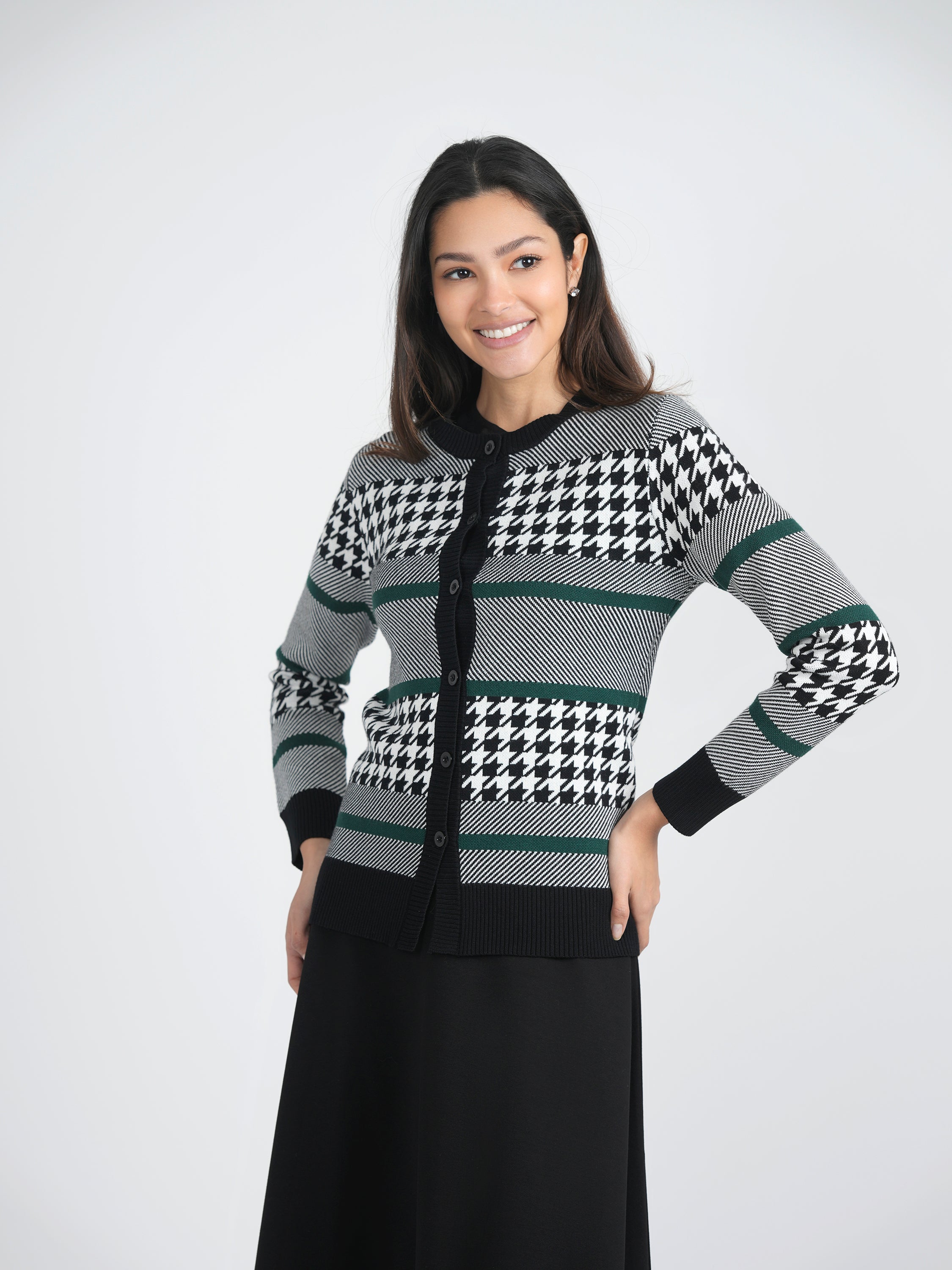 Hounstooth Combo Knit Cardigan in by Spades