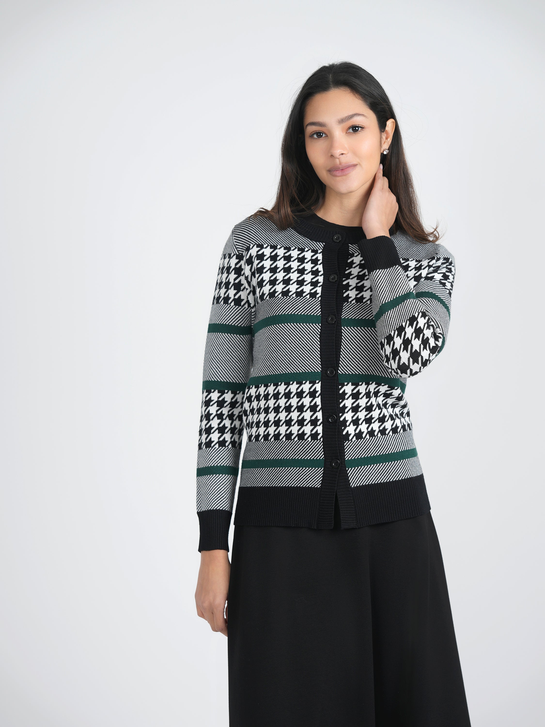 Hounstooth Combo Knit Cardigan in by Spades