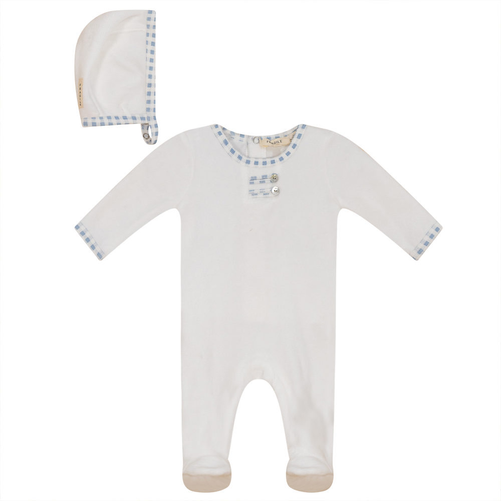 Velour Onesie with Bonnet in Off White Blue by Fragile