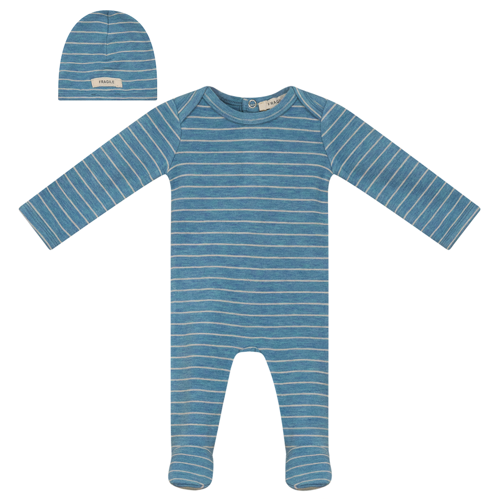 Stripe Stretch Knit Onesie with Hat in Dark Ocean by Fragile