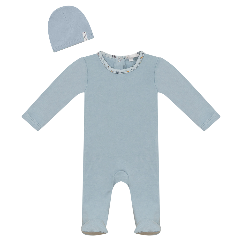 Ribbed Onesie with Hat in Blue by Little Fragile