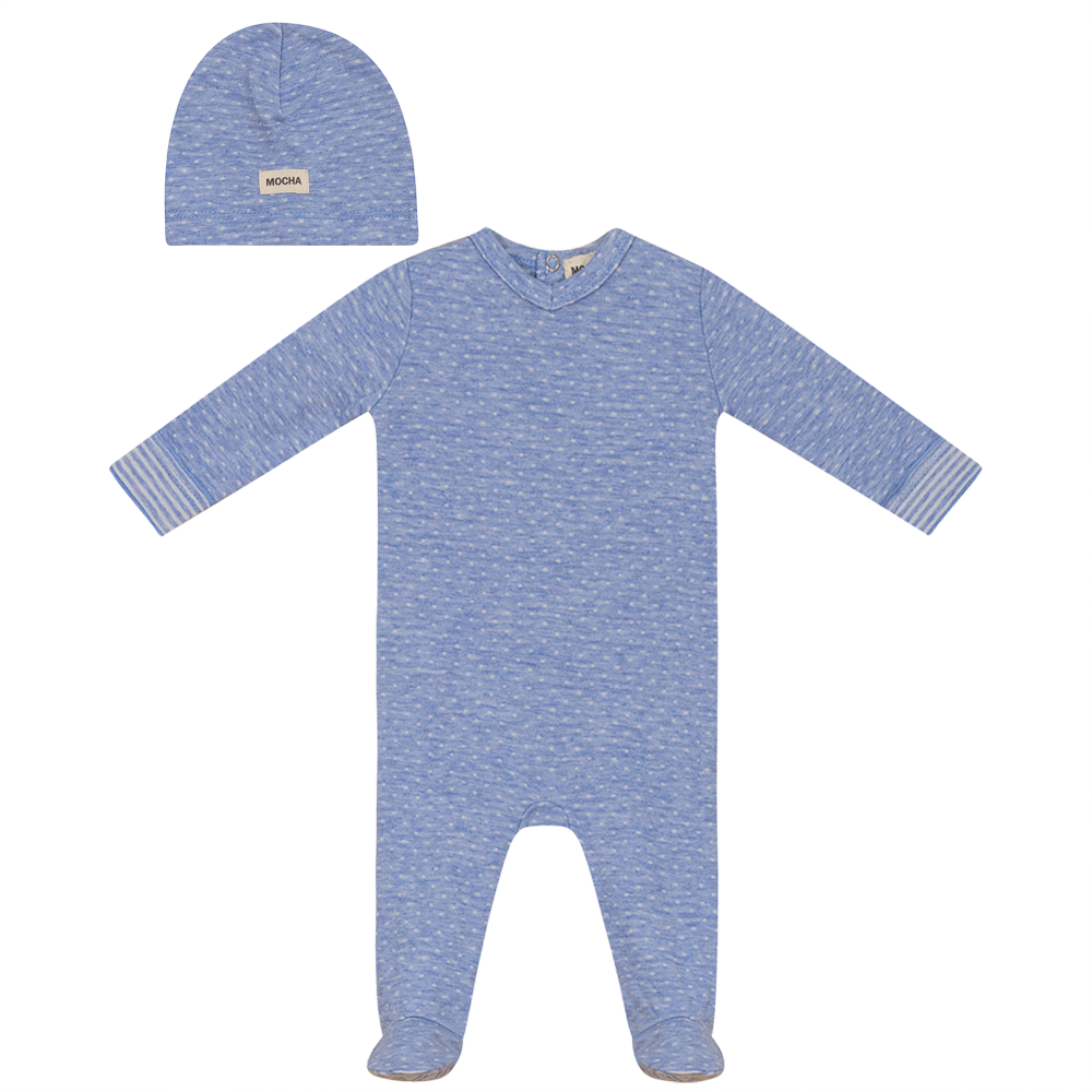 Dot Print Onesie with Hat in Blue by Mocha