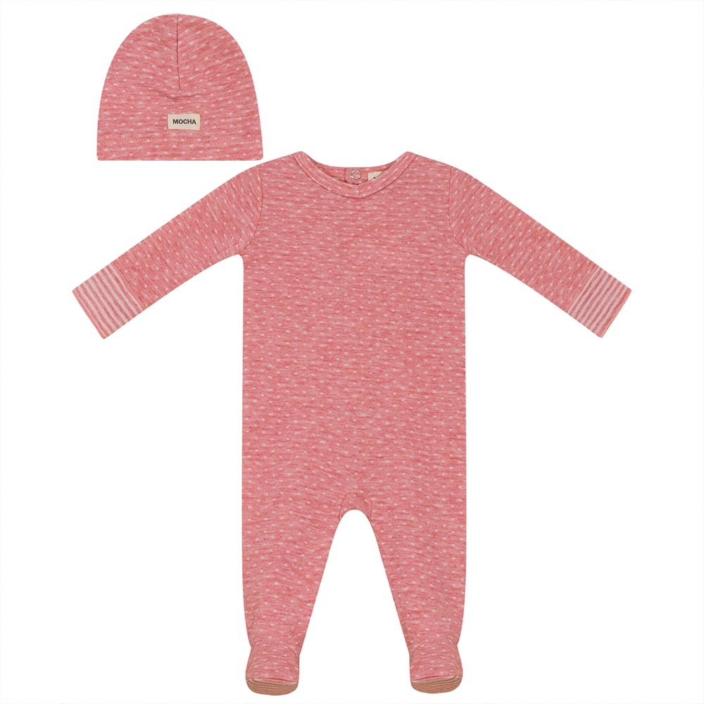 Dot Print Onesie with Hat in Coral by Mocha