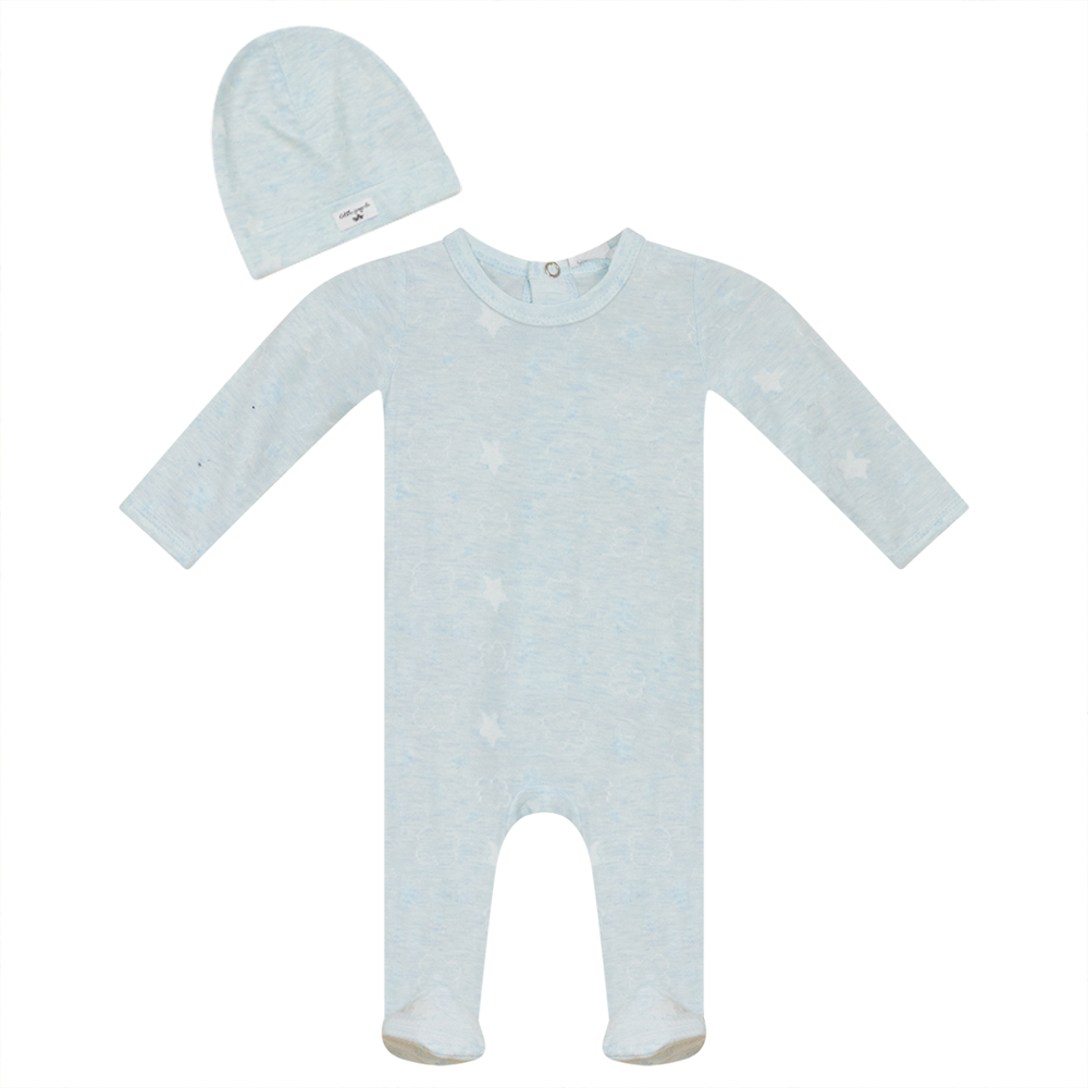 Clouds and Stars Print Onesie with Hat in Blue by Little Fragile