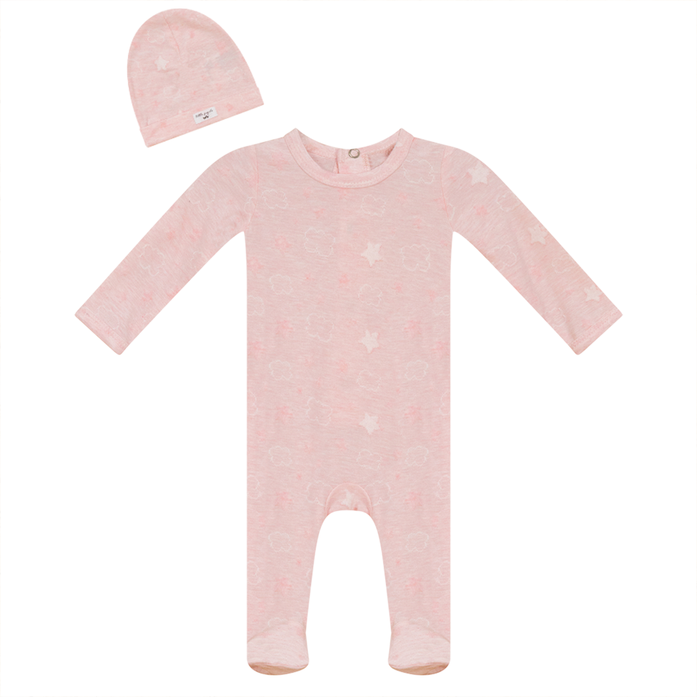Clouds and Stars Print Onesie with Hat in Pink by Little Fragile