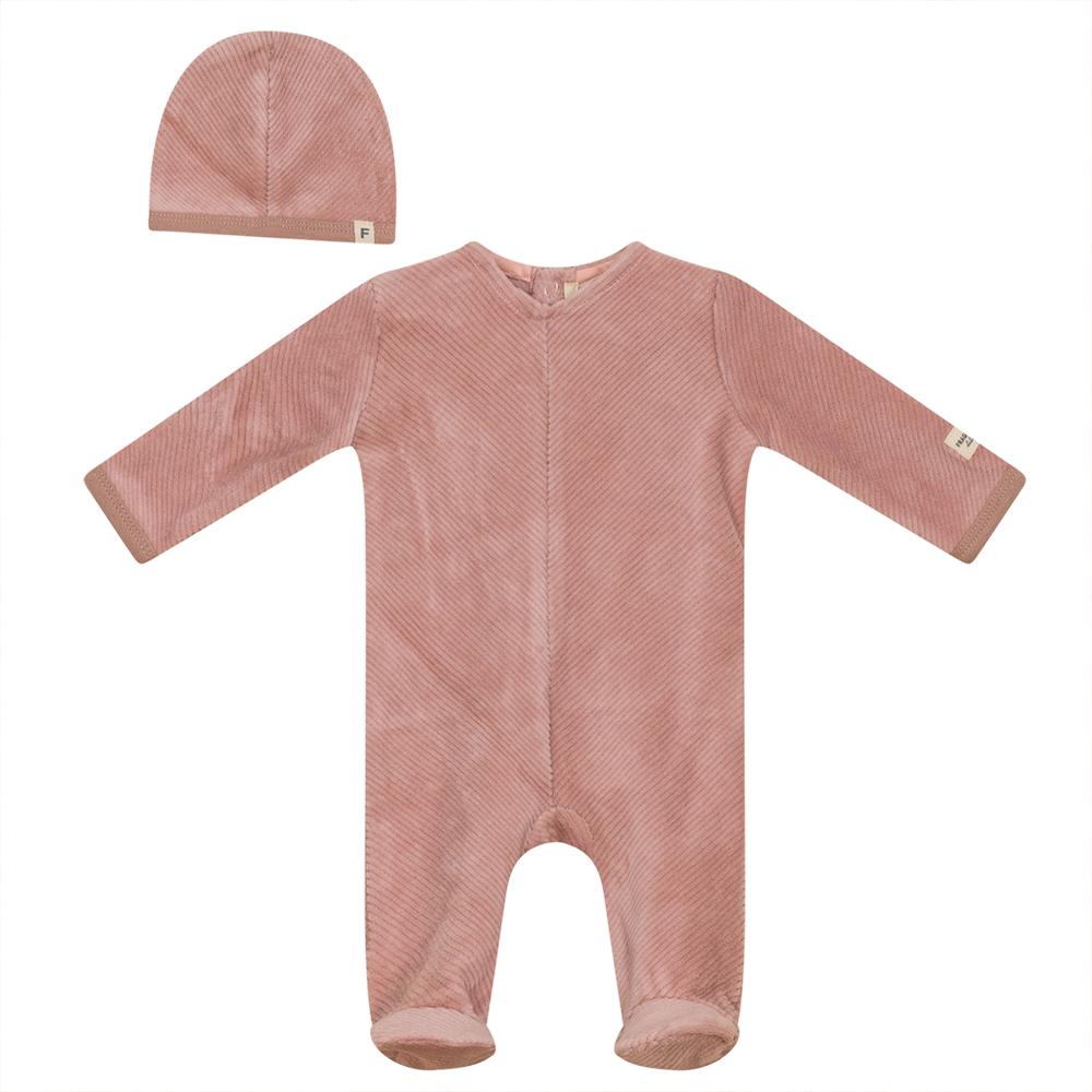 Ribbed Velour Onesie with Hat in Blush by Fragile Bebe
