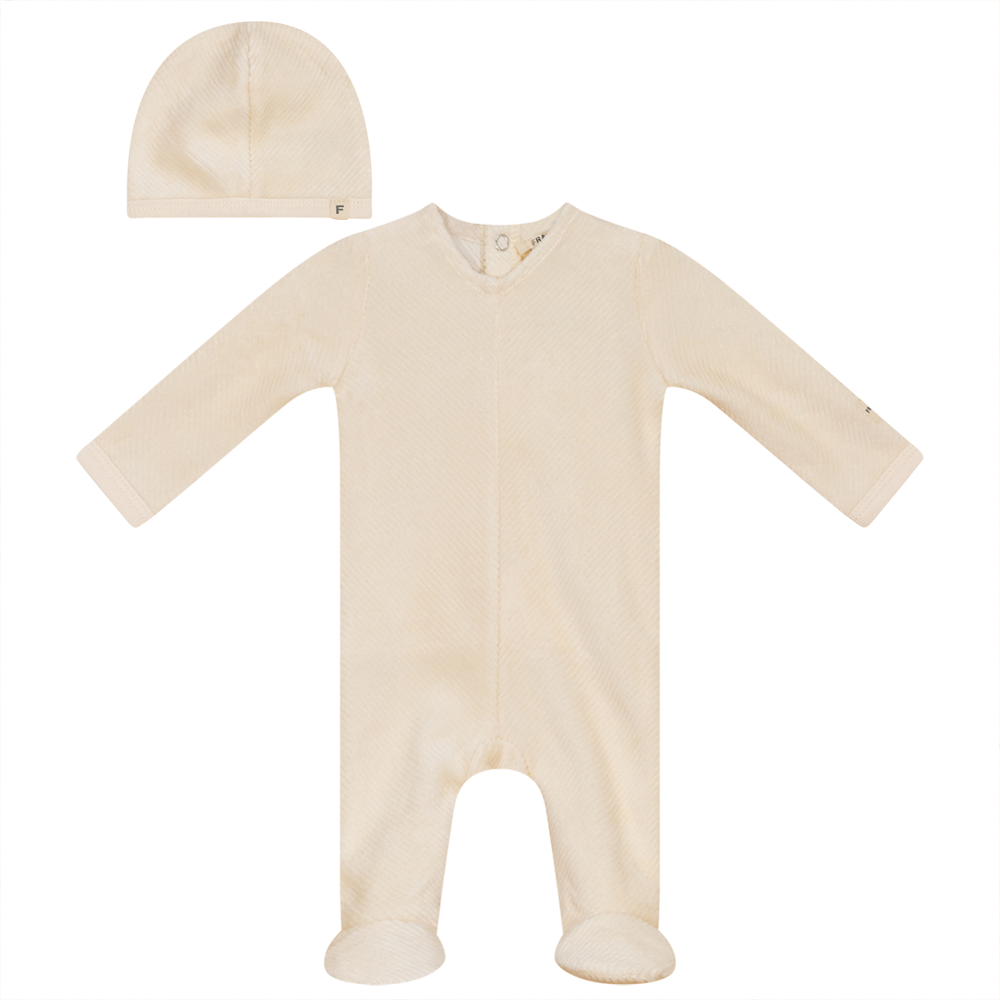 Ribbed Velour Onesie with Hat in Off White by Fragile Bebe