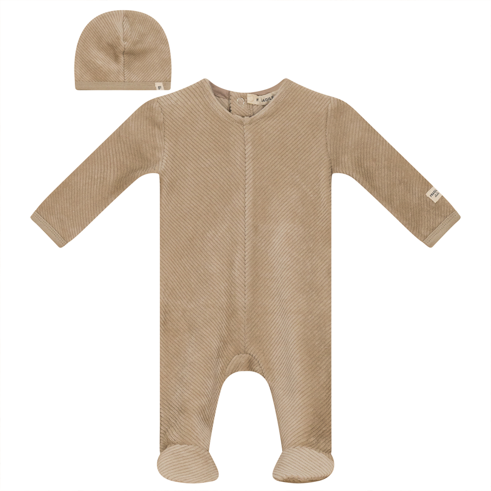 Ribbed Velour Onesie with Hat in Stone by Fragile Bebe