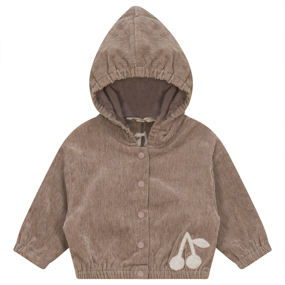 Velour Hoody Cardigan with Cherry Hook Stitchs in Oatmeal by Fragile