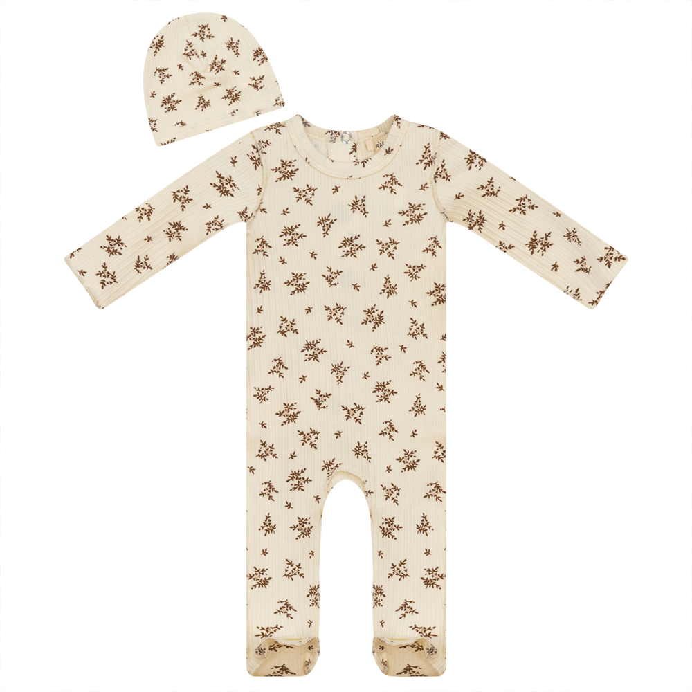 Flower Print Onesie with Hat in Off White Cognac by Fragile