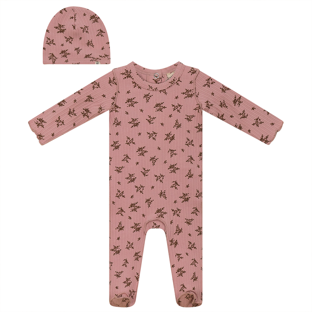 Flower Print Onesie with Hat in Pink Cognac by Fragile