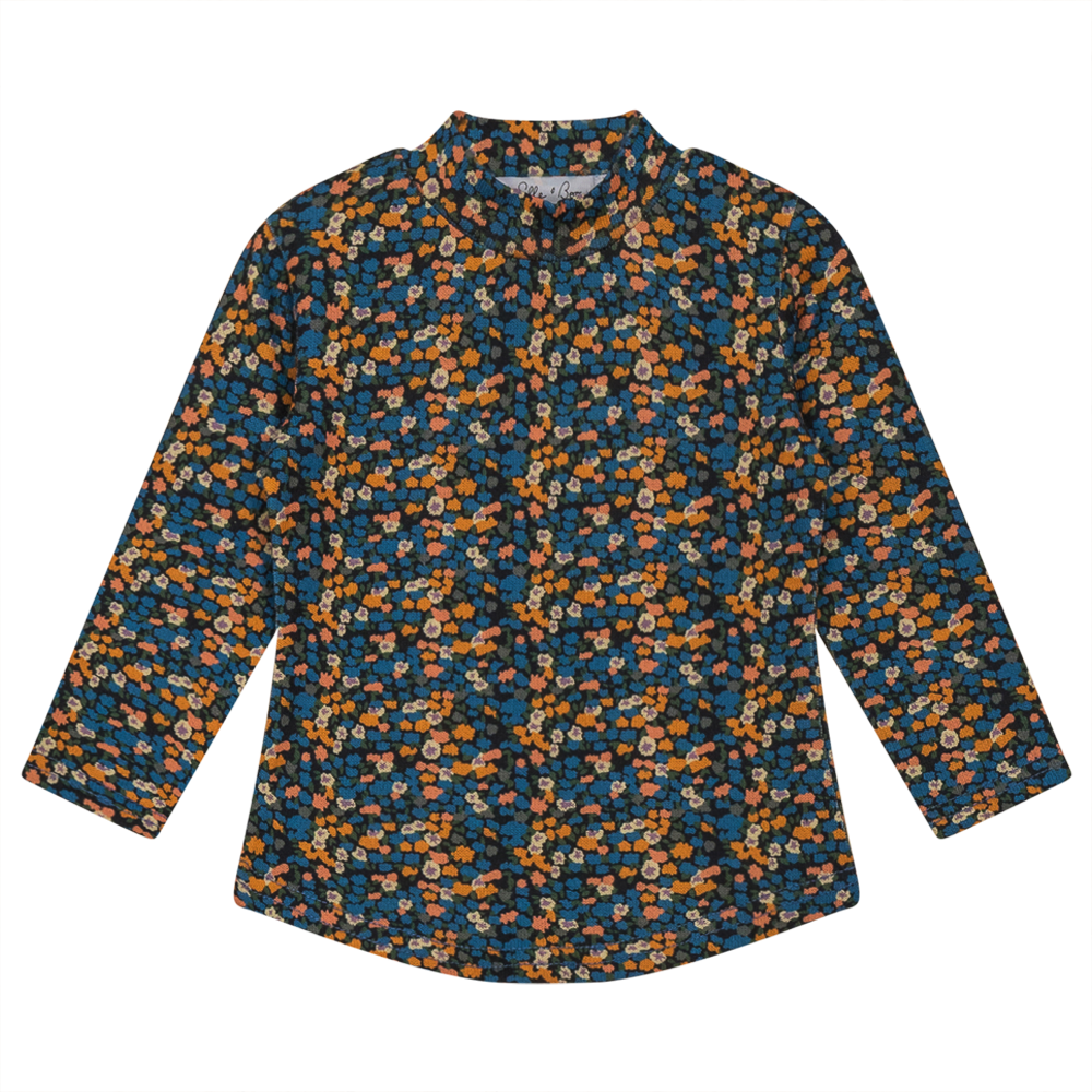 Multi Flower Print Mock Neck Top in Indigo by Elle & Boo