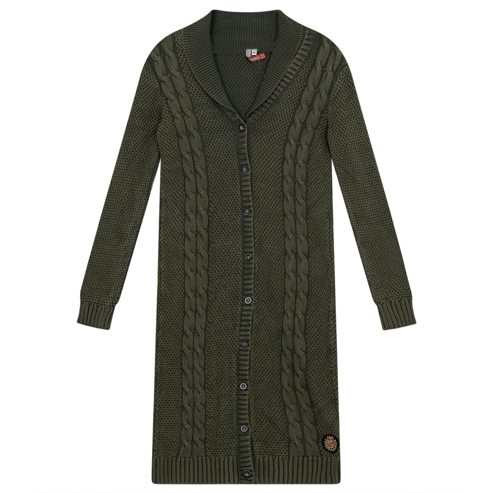 Cable Knit Long Cardigan in Washed Olive by Ginger