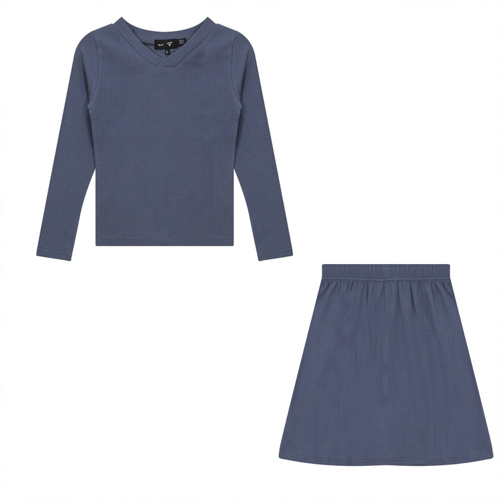 Rib V-Neck 2PC Set in Dark Blue Grey by Peek a boo