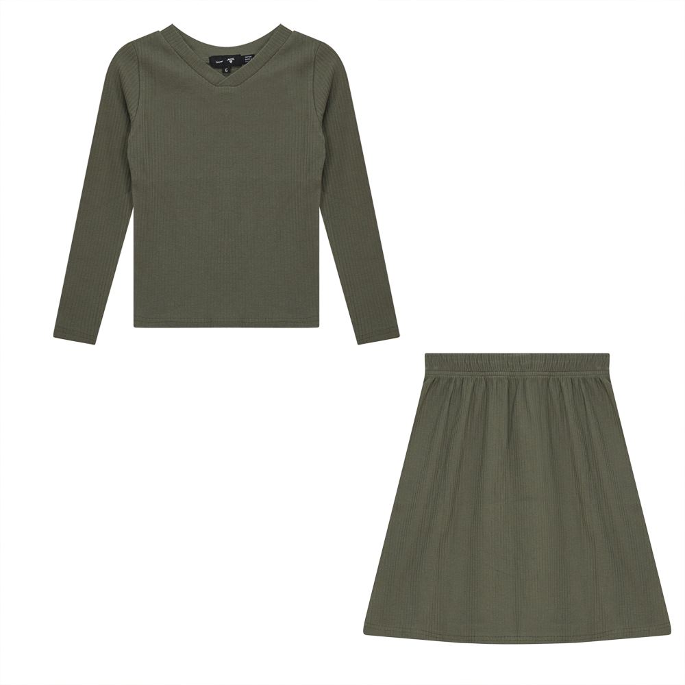 Rib V-Neck 2PC Set in Dusty Olive by Peek a boo