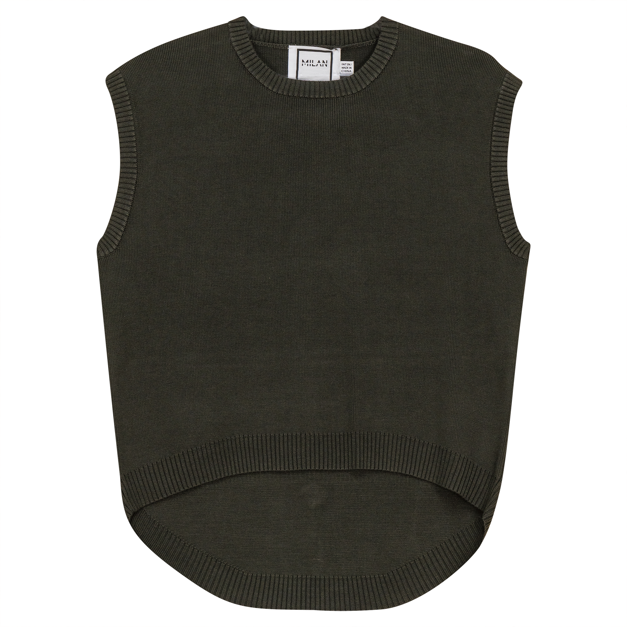 Knit High Low Vest in Dark Olive by Milan Italy