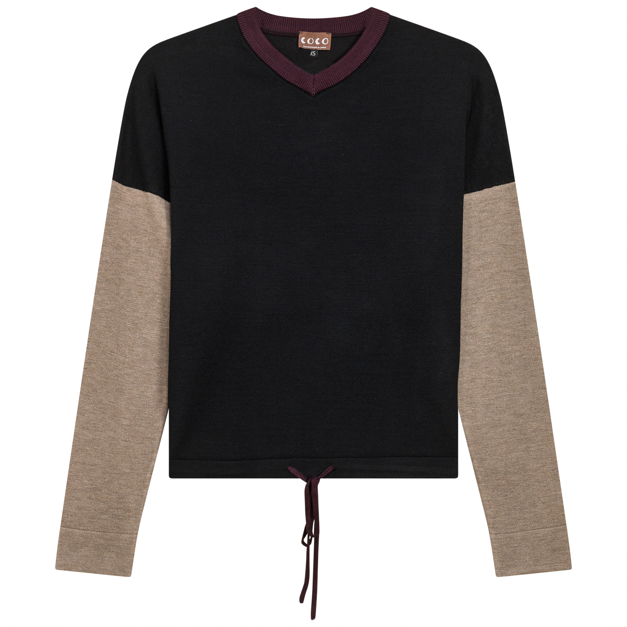 Color Blocked V Neck Bungee Sweater in Black Stone by Coco